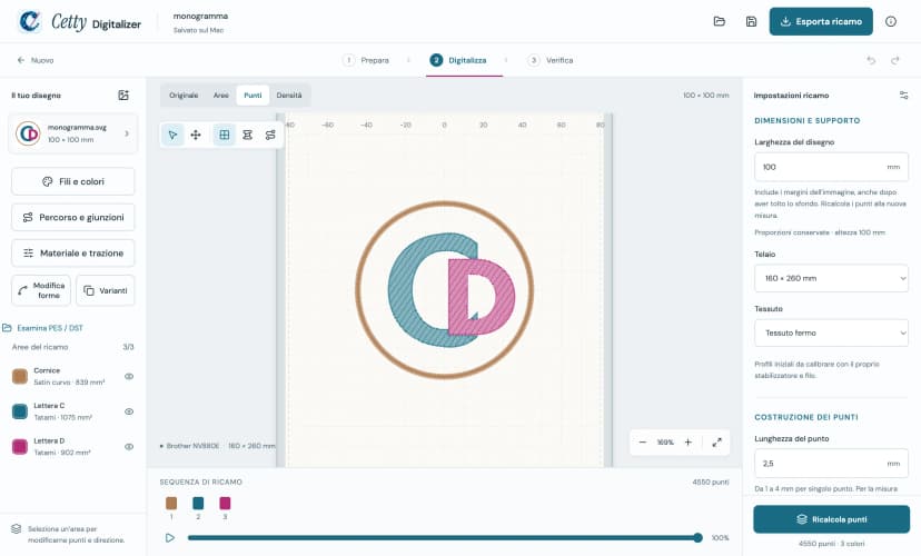 Cetty Digitalizer: al centro il monogramma CD nel telaio, a sinistra le aree del ricamo, a destra le impostazioni dei punti