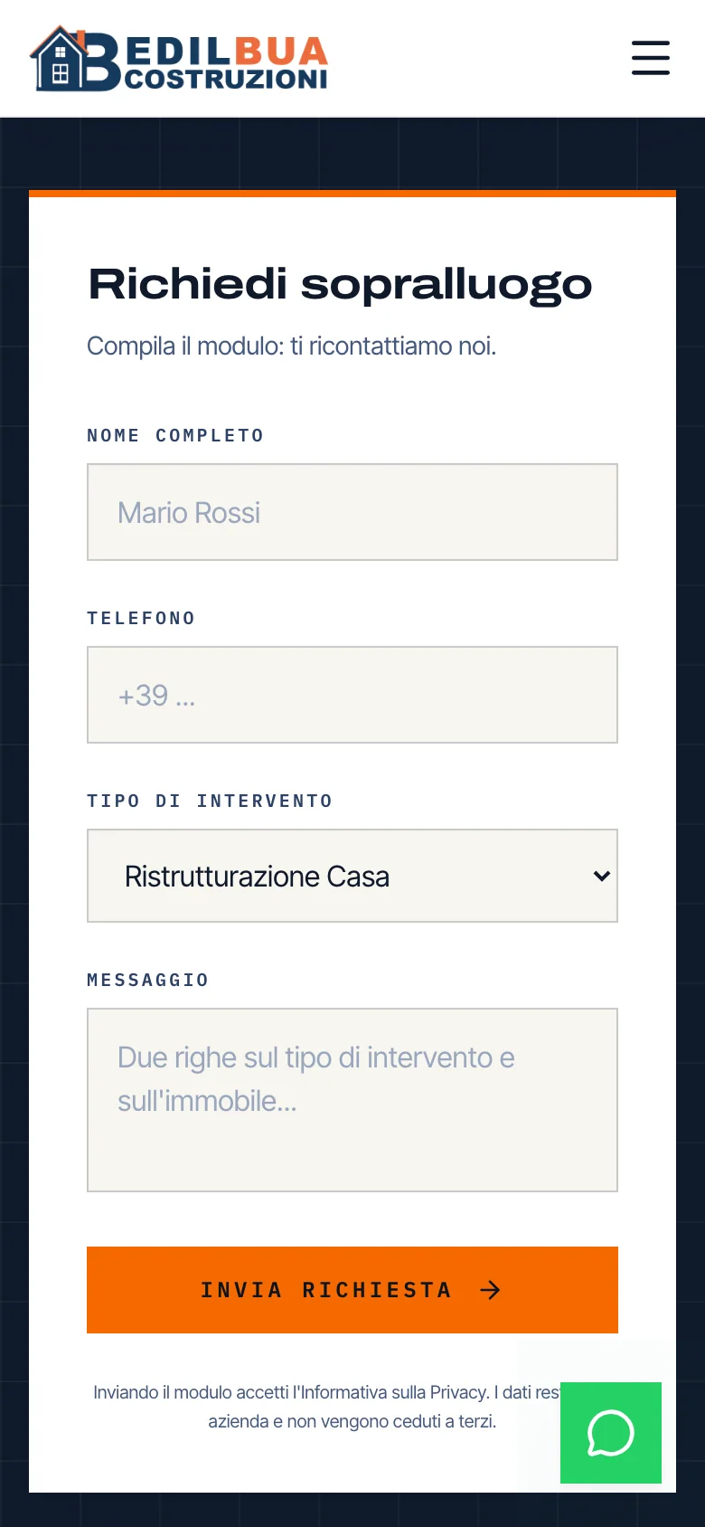 Il modulo «Richiedi sopralluogo» sul telefono, con il pulsante «Invia richiesta»