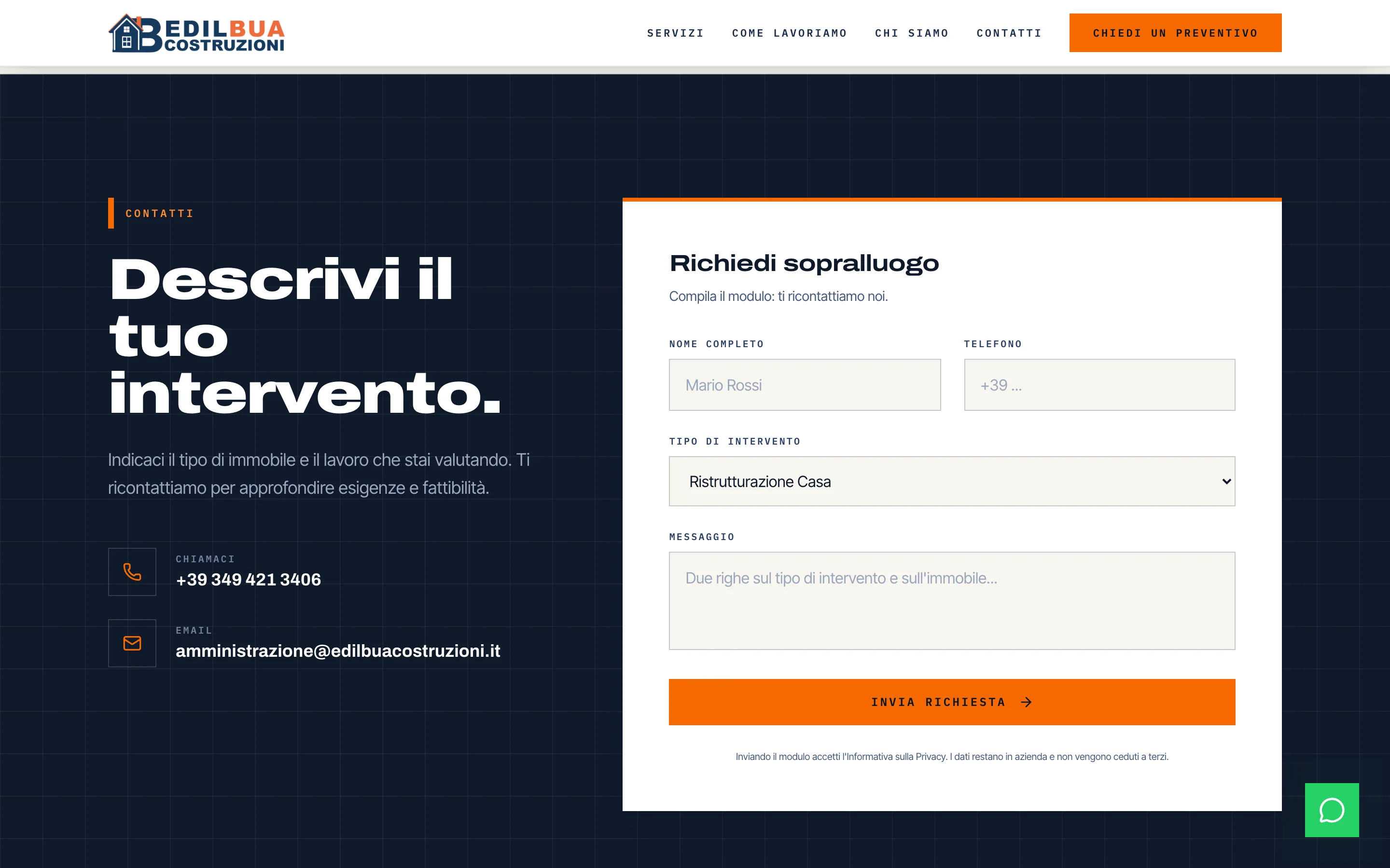 La sezione «Descrivi il tuo intervento»: a sinistra telefono ed email dell'impresa, a destra il modulo «Richiedi sopralluogo»