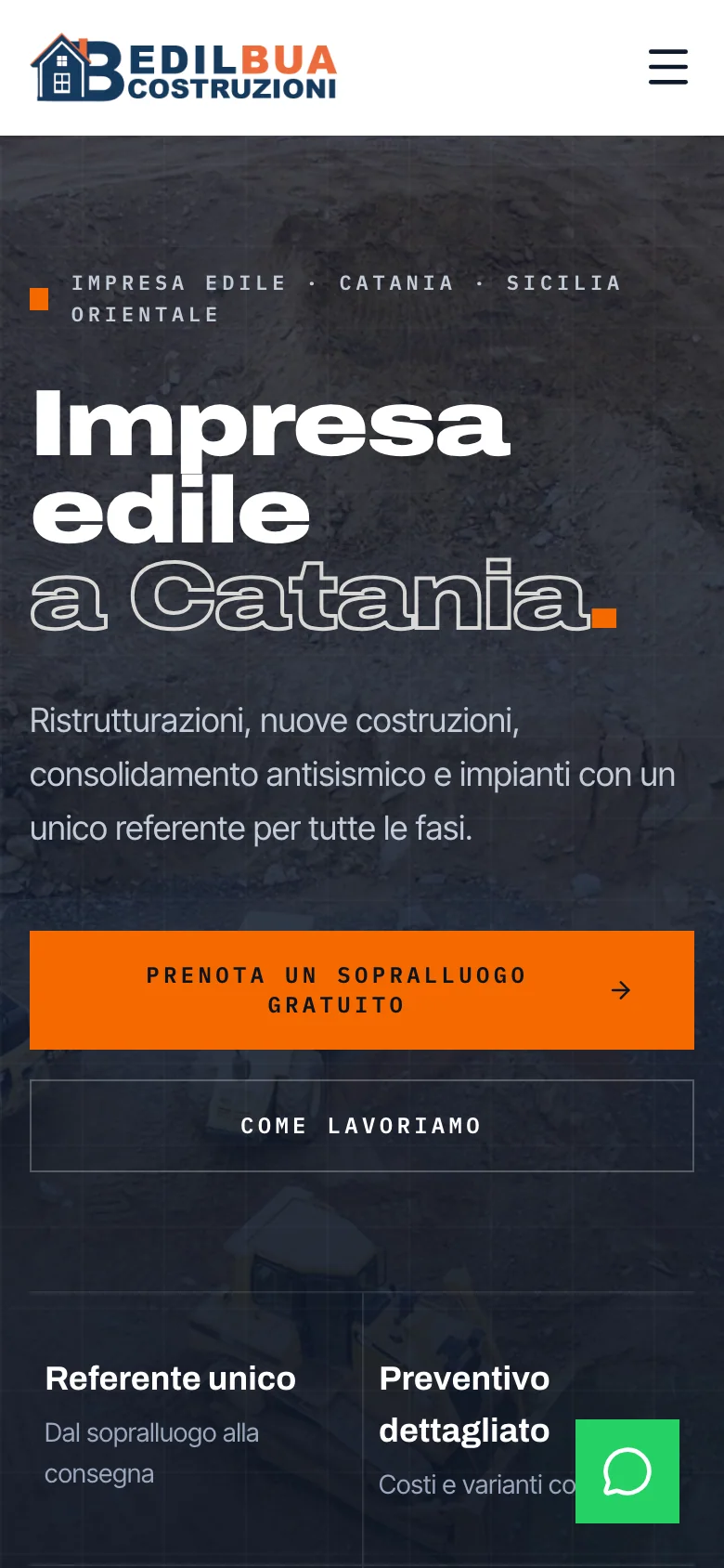 La home sul telefono: il titolo «Impresa edile a Catania», i due pulsanti e l'inizio delle garanzie