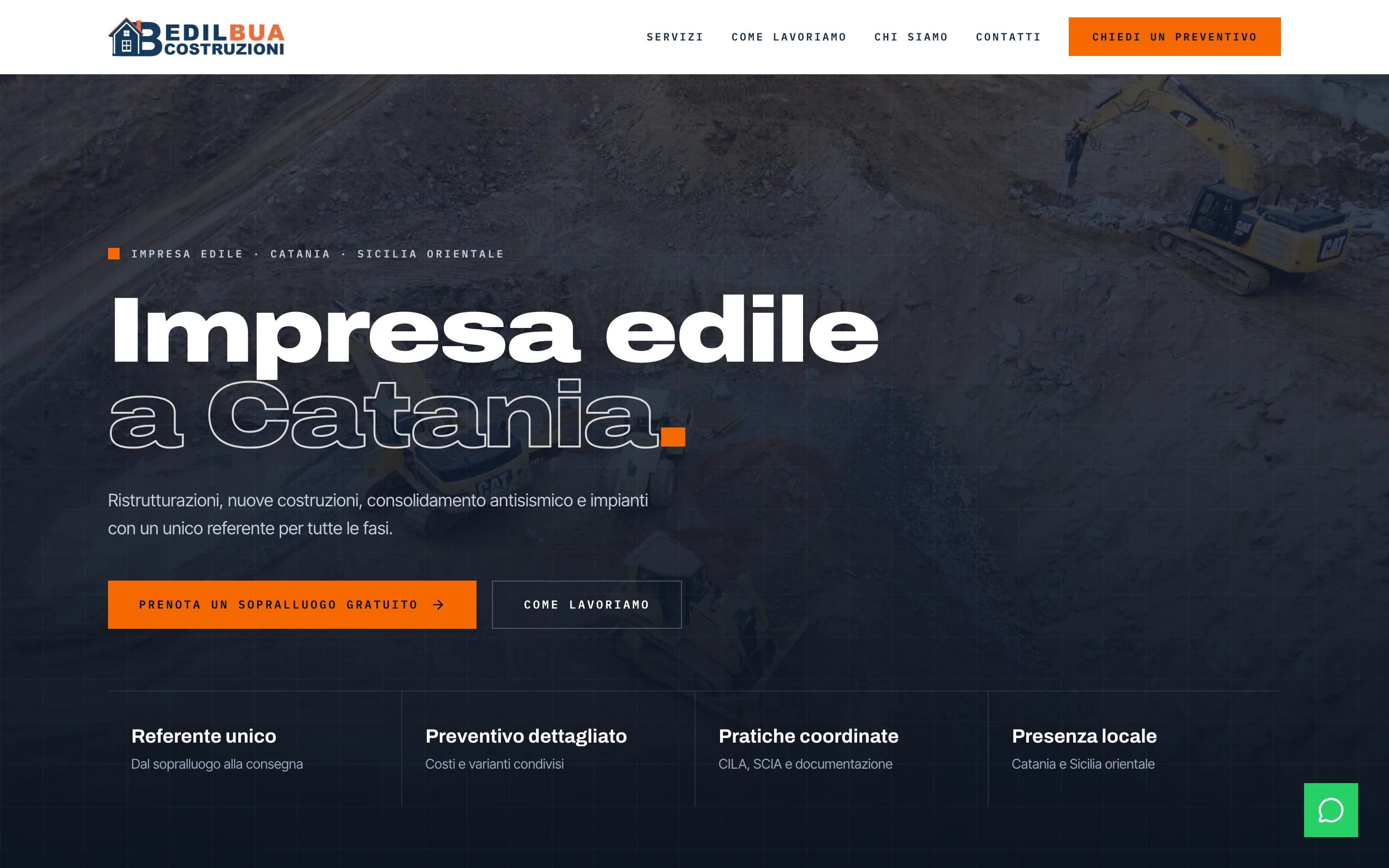 Home del sito Edilbua Costruzioni: il titolo «Impresa edile a Catania» e i pulsanti «Prenota un sopralluogo gratuito» e «Come lavoriamo»