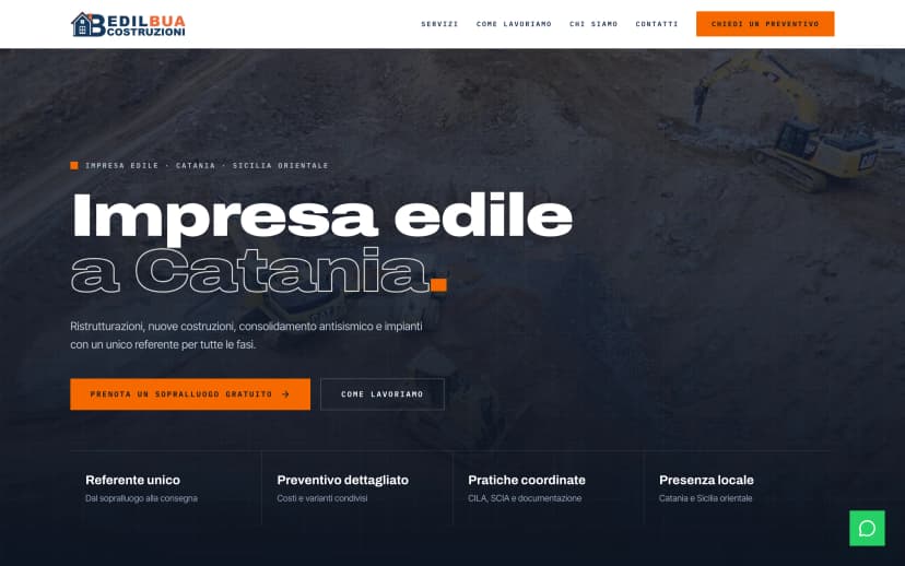 Home del sito Edilbua Costruzioni: il titolo «Impresa edile a Catania» e i pulsanti «Prenota un sopralluogo gratuito» e «Come lavoriamo»