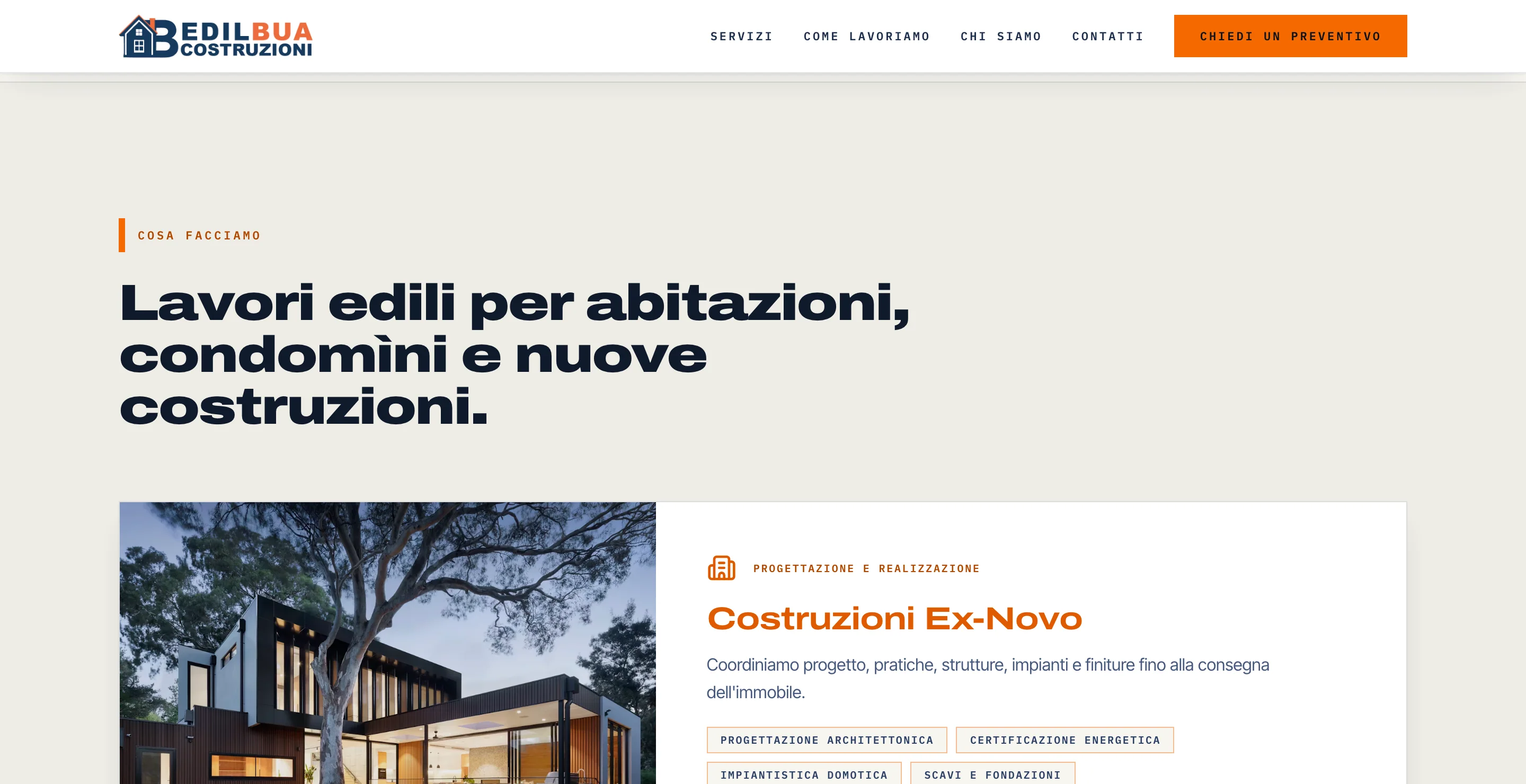 La sezione dei servizi: il titolo «Lavori edili per abitazioni, condomìni e nuove costruzioni» e la scheda «Costruzioni Ex-Novo» con le sue voci e il pulsante «Richiedi preventivo»