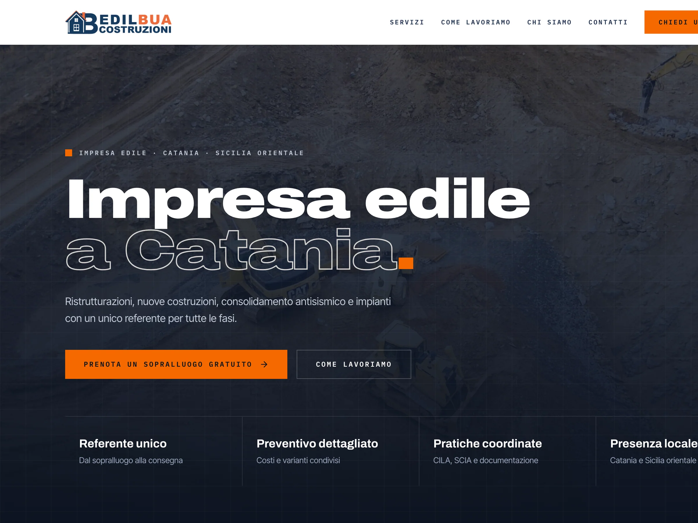 Home del sito Edilbua Costruzioni: il titolo «Impresa edile a Catania» e i pulsanti «Prenota un sopralluogo gratuito» e «Come lavoriamo»