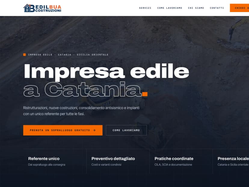 Home del sito Edilbua Costruzioni: il titolo «Impresa edile a Catania» e i pulsanti «Prenota un sopralluogo gratuito» e «Come lavoriamo»