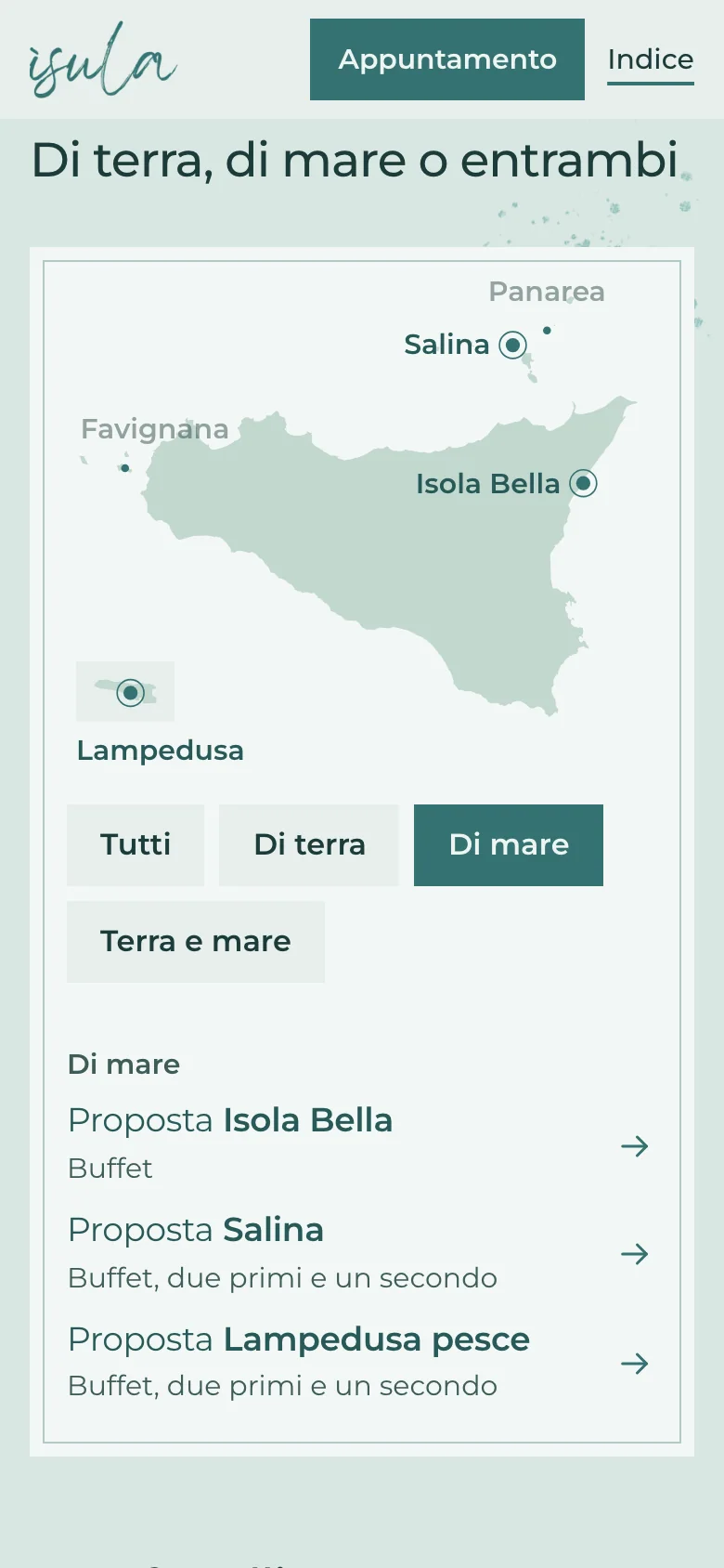 La stessa sezione sul telefono: la carta sopra, il filtro e i tre menù di mare sotto