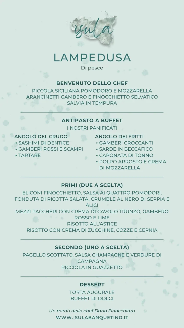 Il cartoncino del menù Lampedusa di pesce: benvenuto, antipasto a buffet, primi e secondo a scelta, dessert