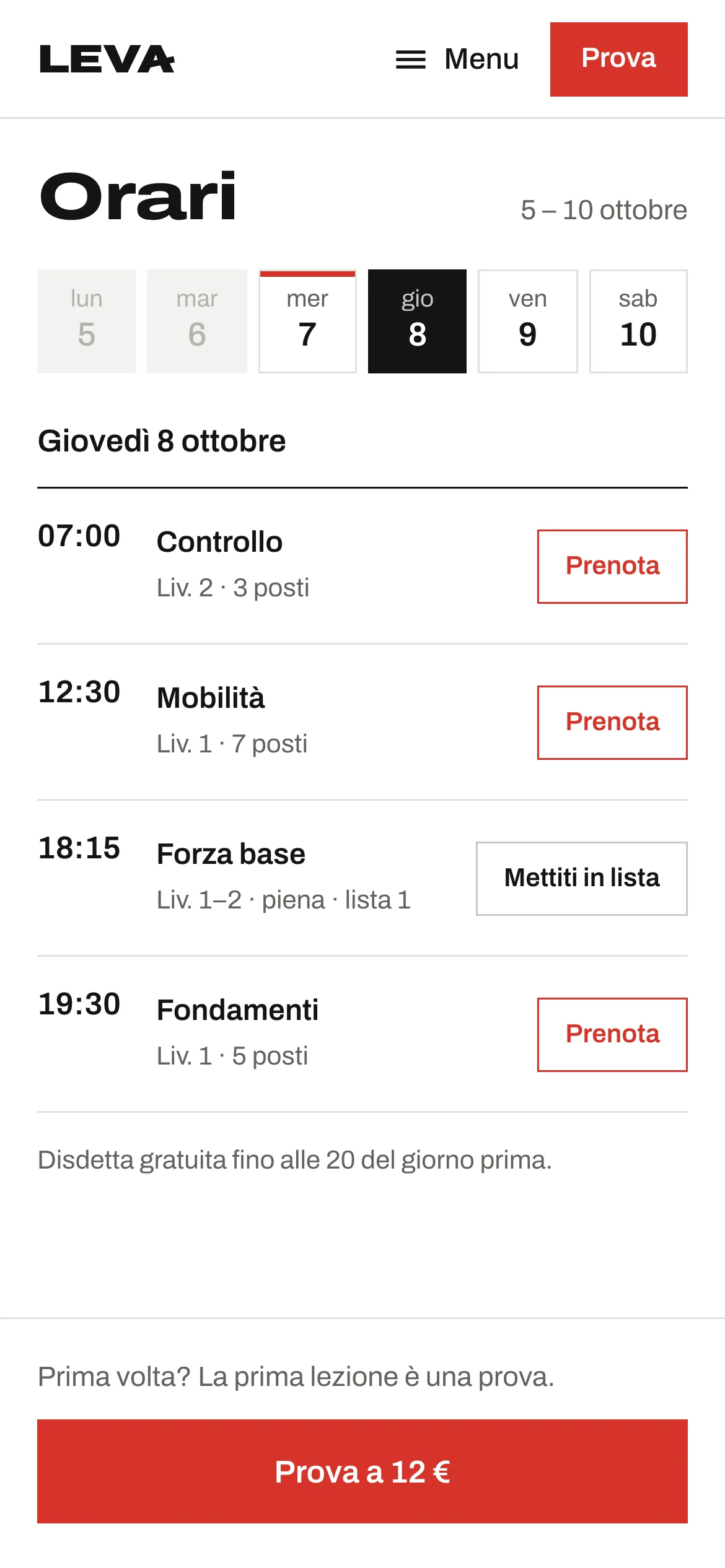 Le lezioni di giovedì 8 ottobre su telefono, con i giorni della settimana in alto