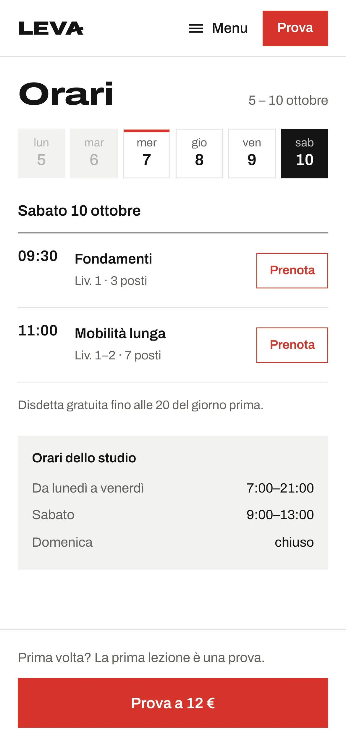 Le lezioni di sabato 10 ottobre su telefono, con i giorni della settimana in alto