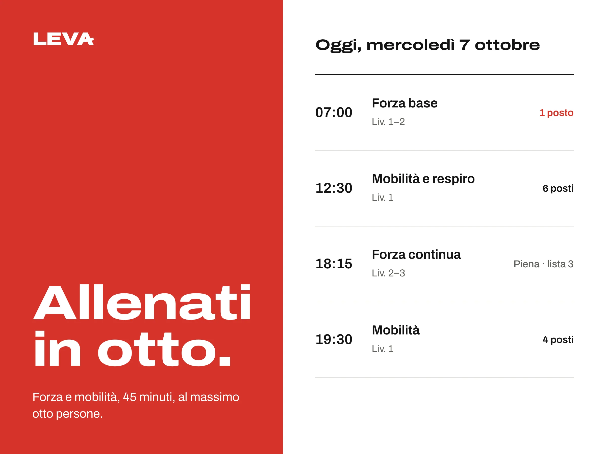 Home di Leva: a sinistra il titolo «Allenati in otto.» su rosso, a destra le lezioni di oggi con i posti liberi