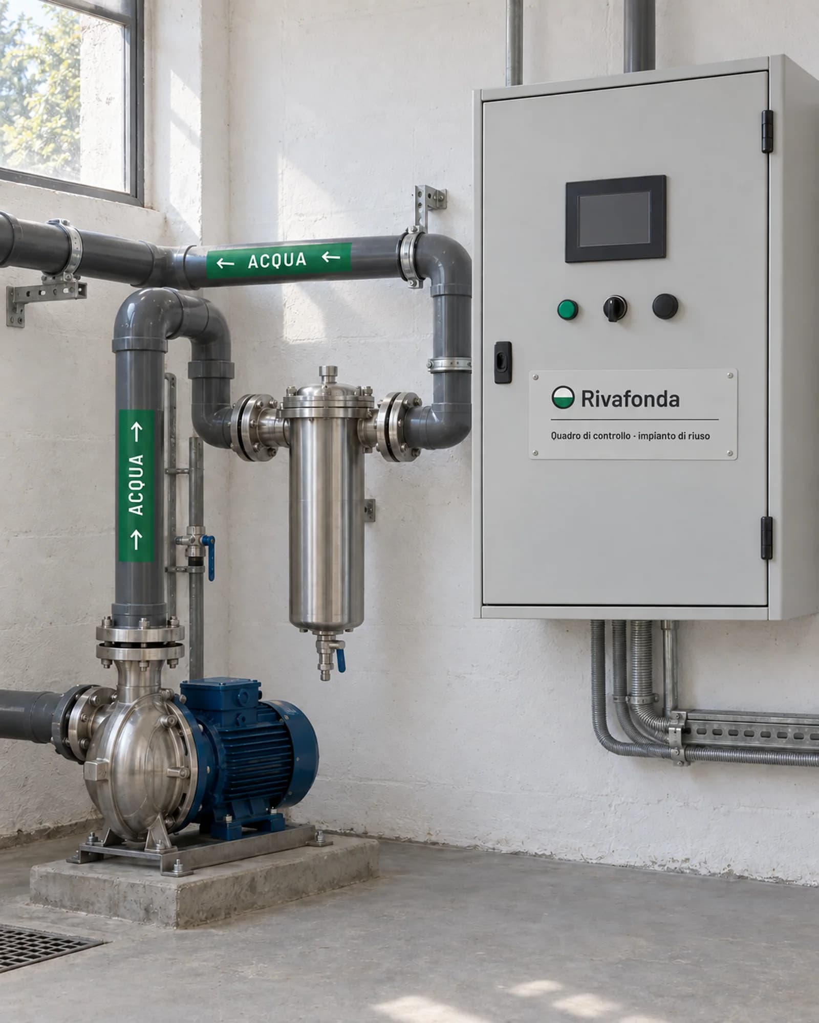 Locale tecnico con tubazioni segnate dal nastro verde «ACQUA» e un quadro di controllo con la targhetta Rivafonda