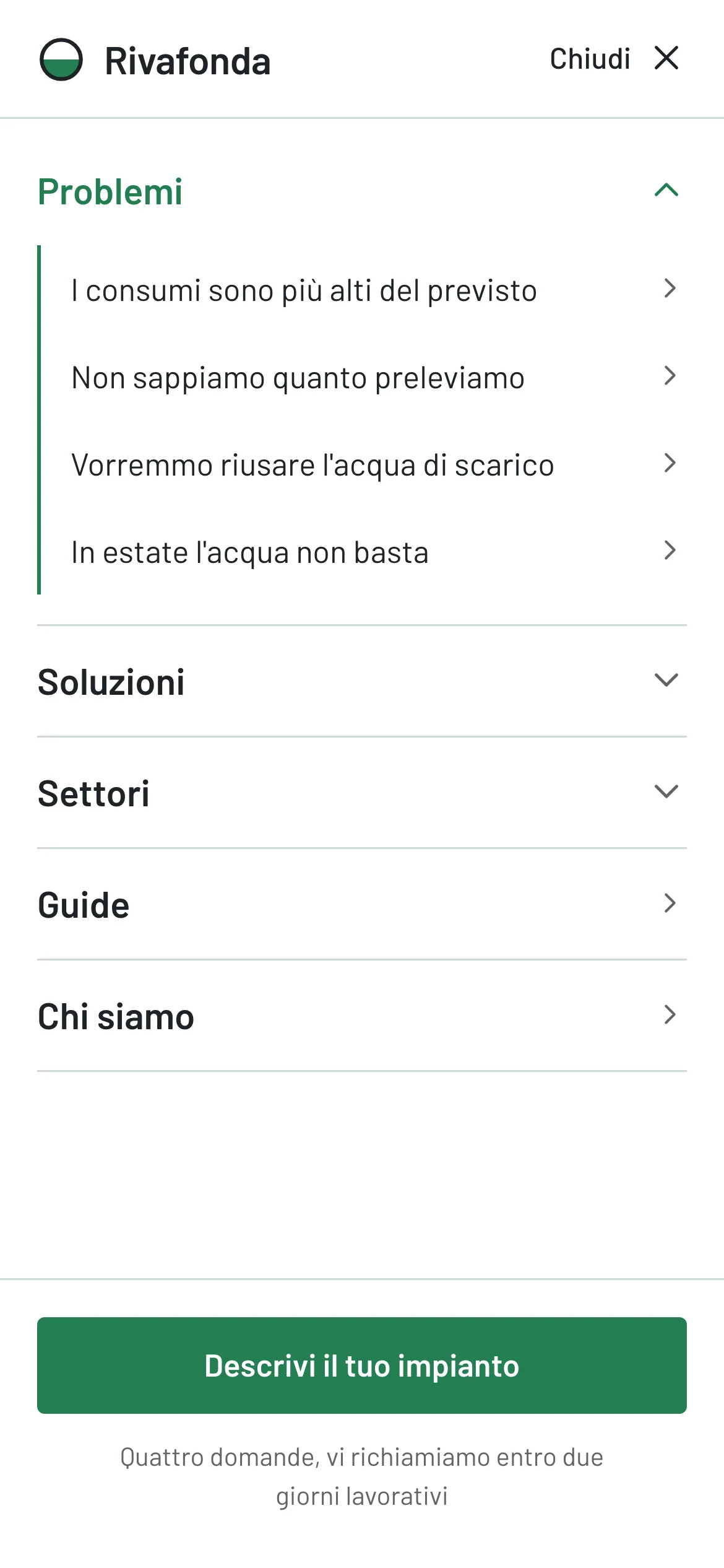 Menu del sito su telefono, aperto sulla voce Problemi