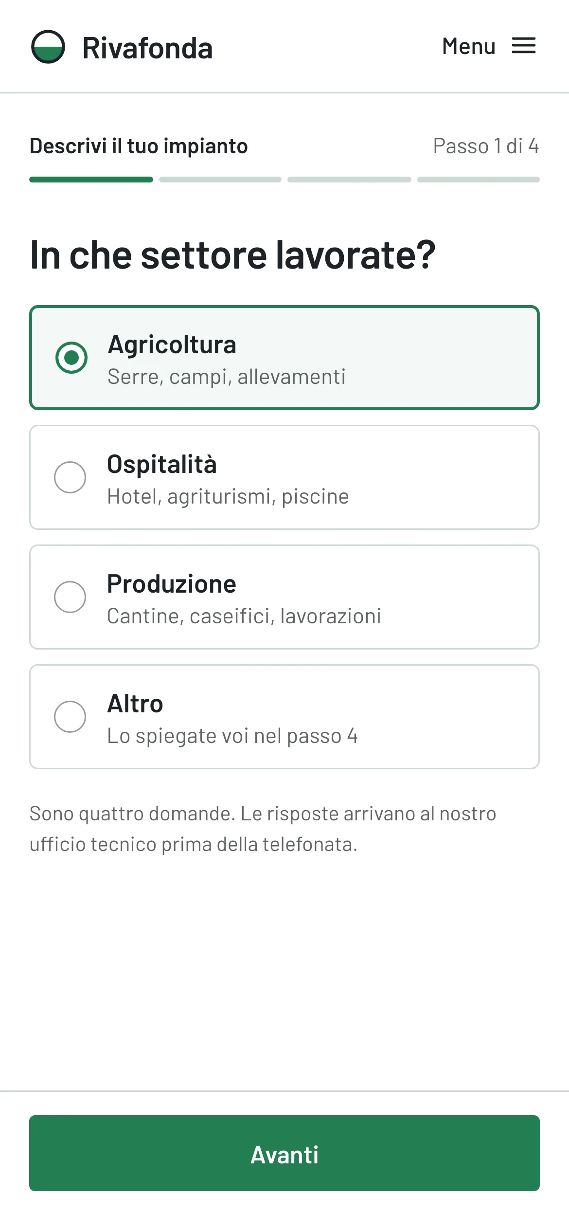 Primo passo del modulo: scelta del settore, Agricoltura selezionata
