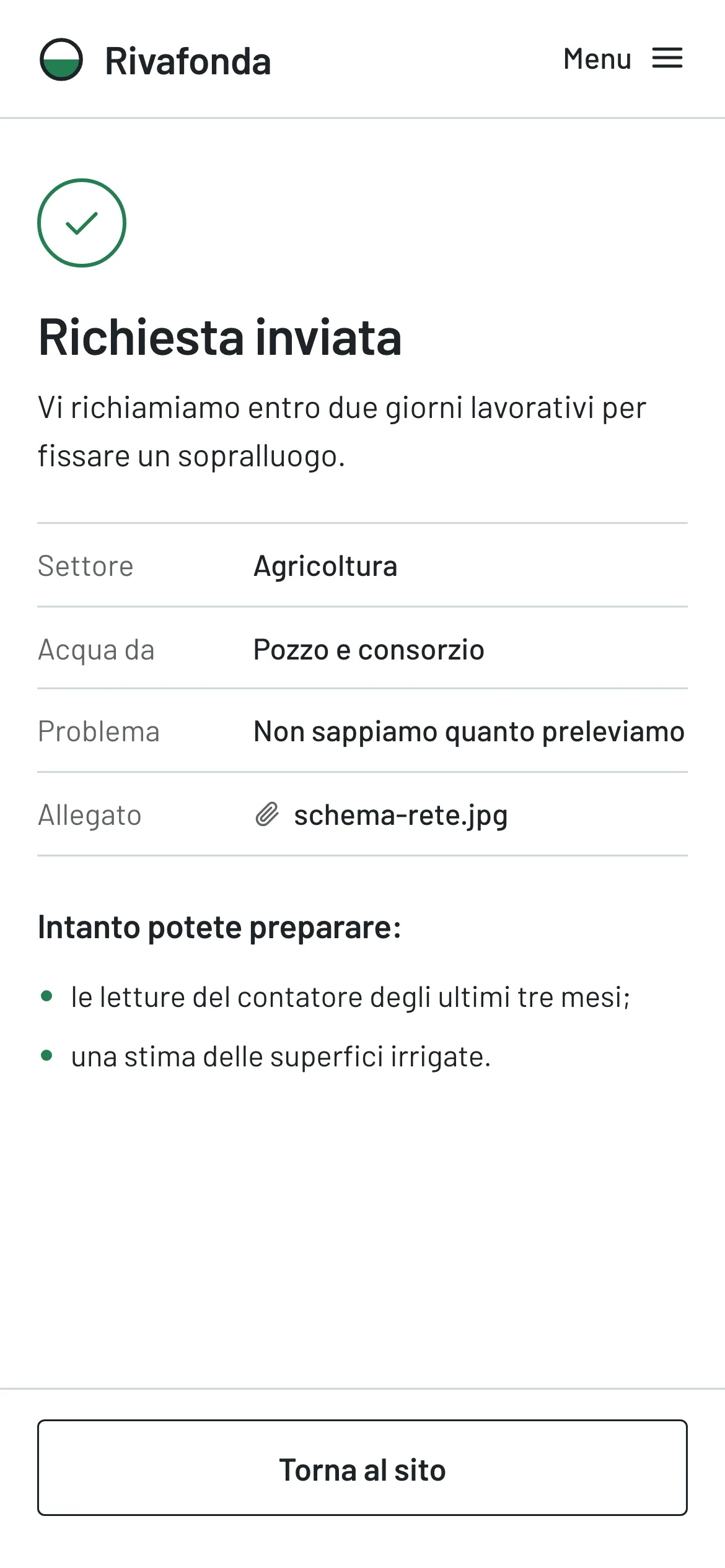 Conferma della richiesta con riepilogo e tempi di risposta