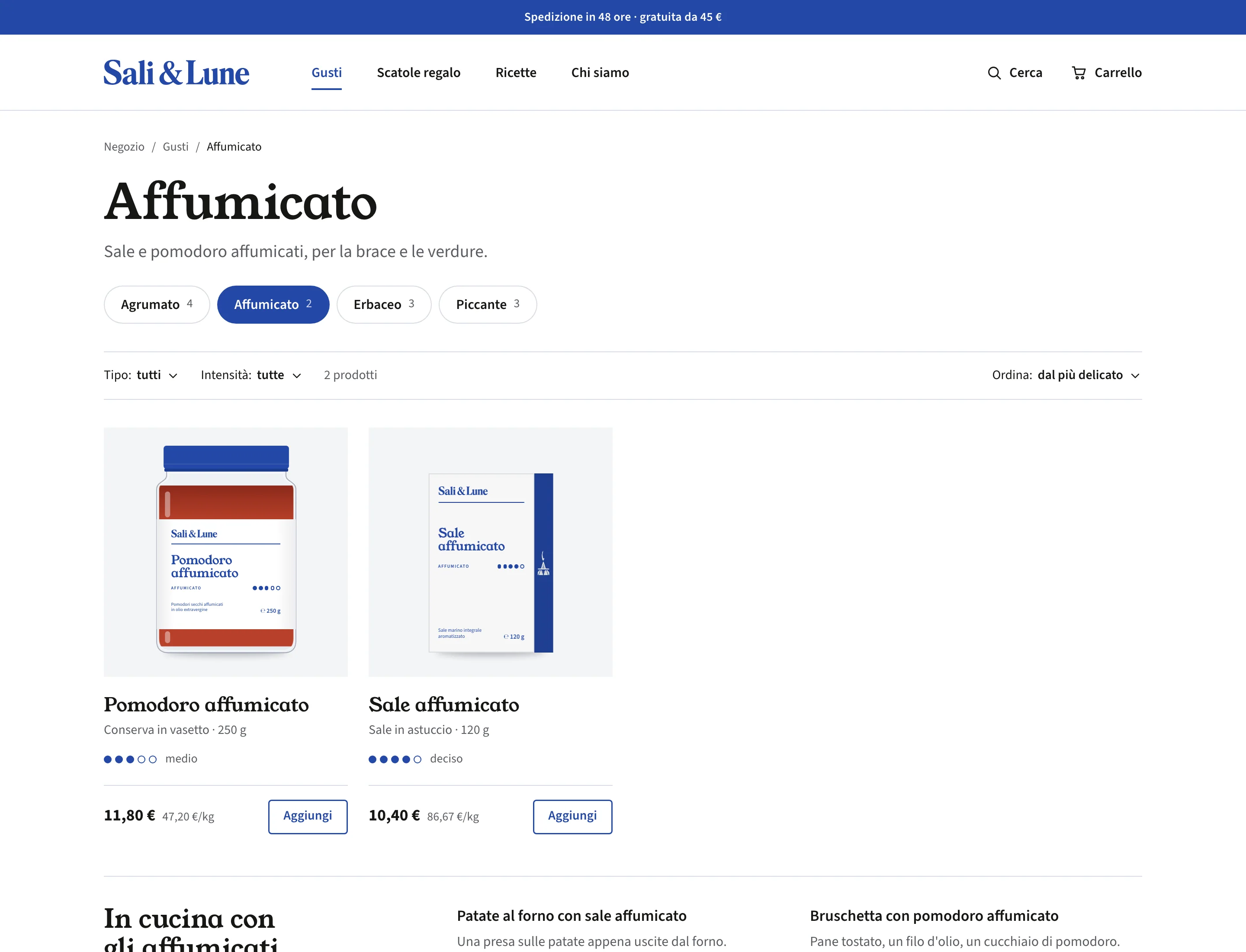 Catalogo Affumicato con due prodotti, intensità, formato, prezzo e prezzo al chilo