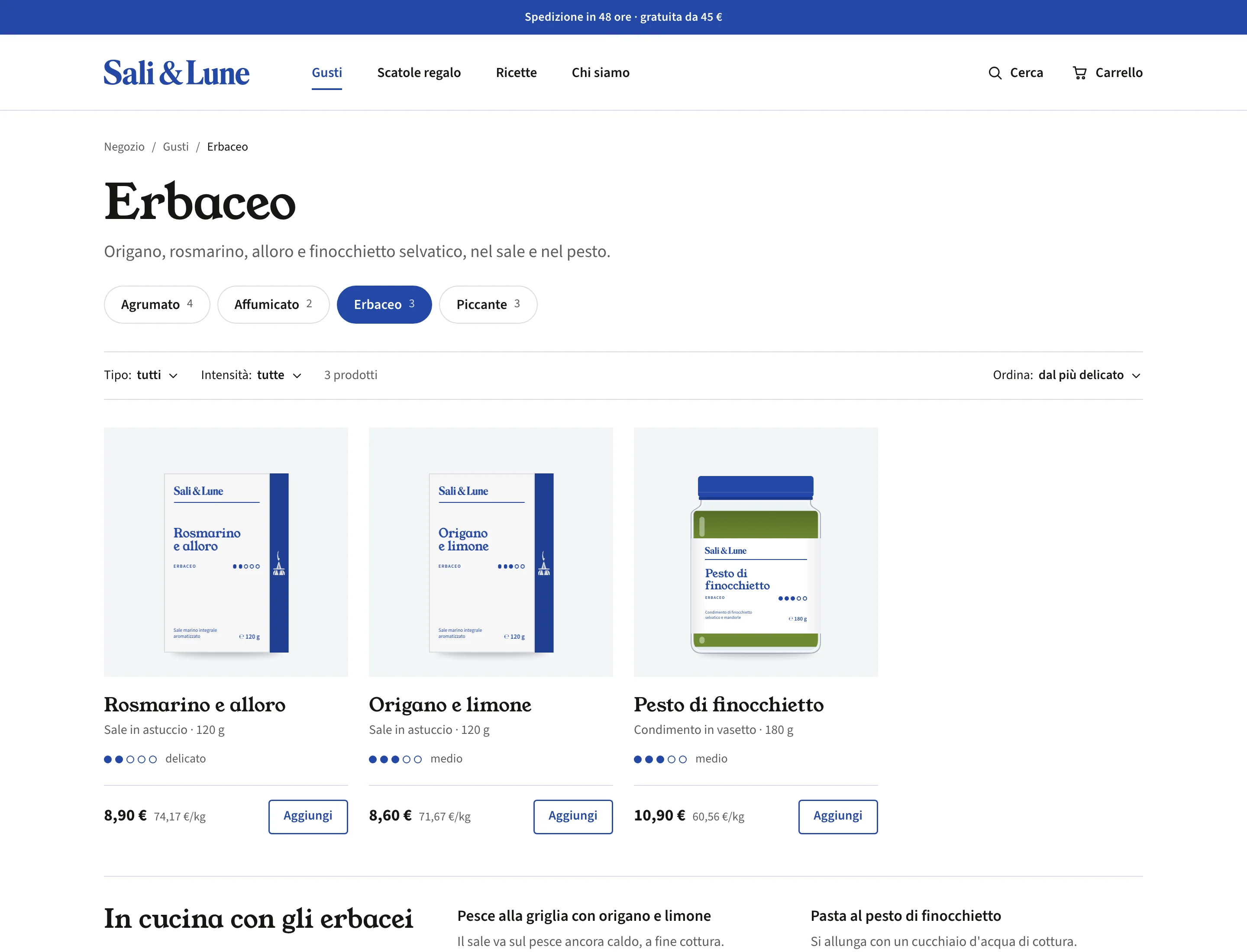 Catalogo Erbaceo con tre prodotti, intensità, formato, prezzo e prezzo al chilo