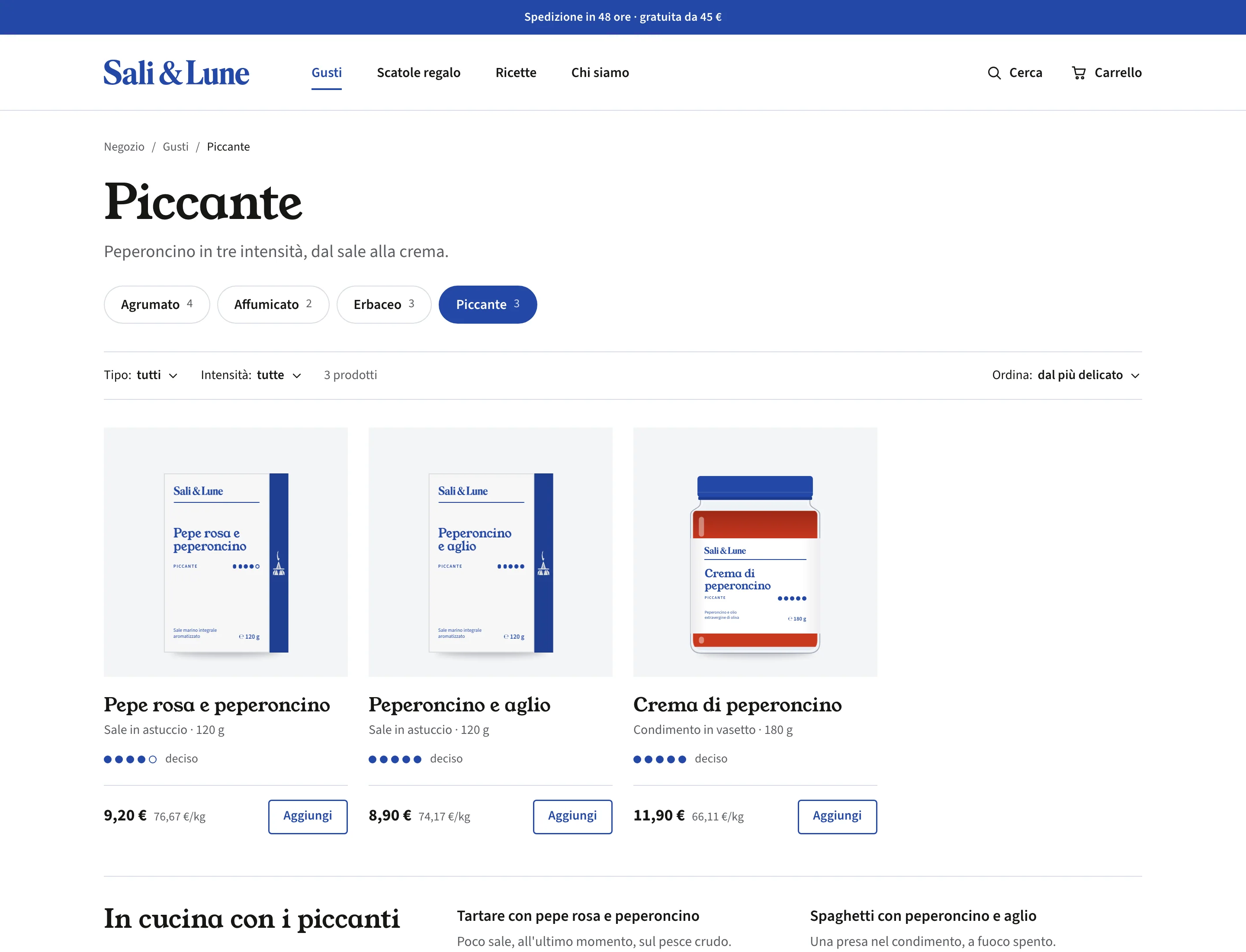 Catalogo Piccante con tre prodotti, intensità, formato, prezzo e prezzo al chilo