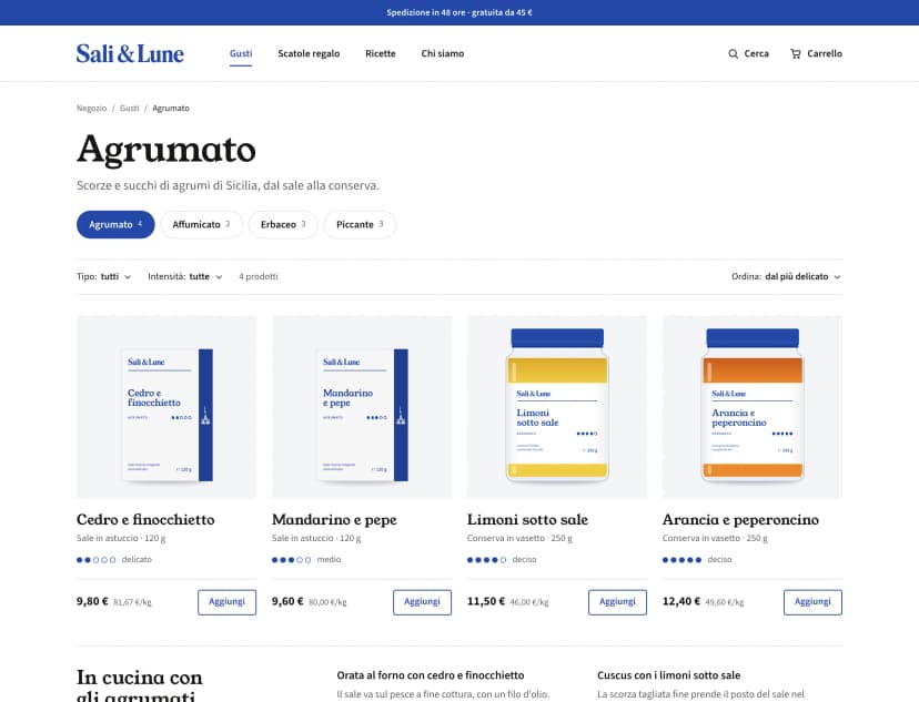 Catalogo Agrumato di Sali & Lune con quattro prodotti, intensità, formato, prezzo e prezzo al chilo
