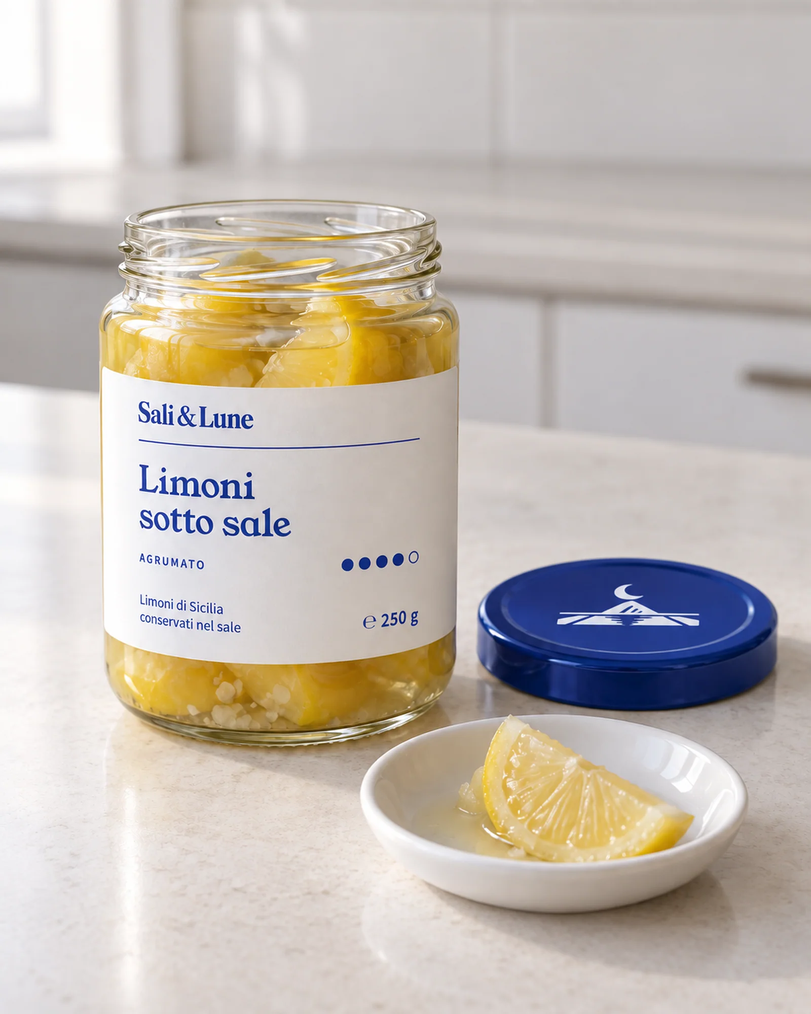 Vasetto di limoni sotto sale aperto in cucina, con l'etichetta Sali & Lune
