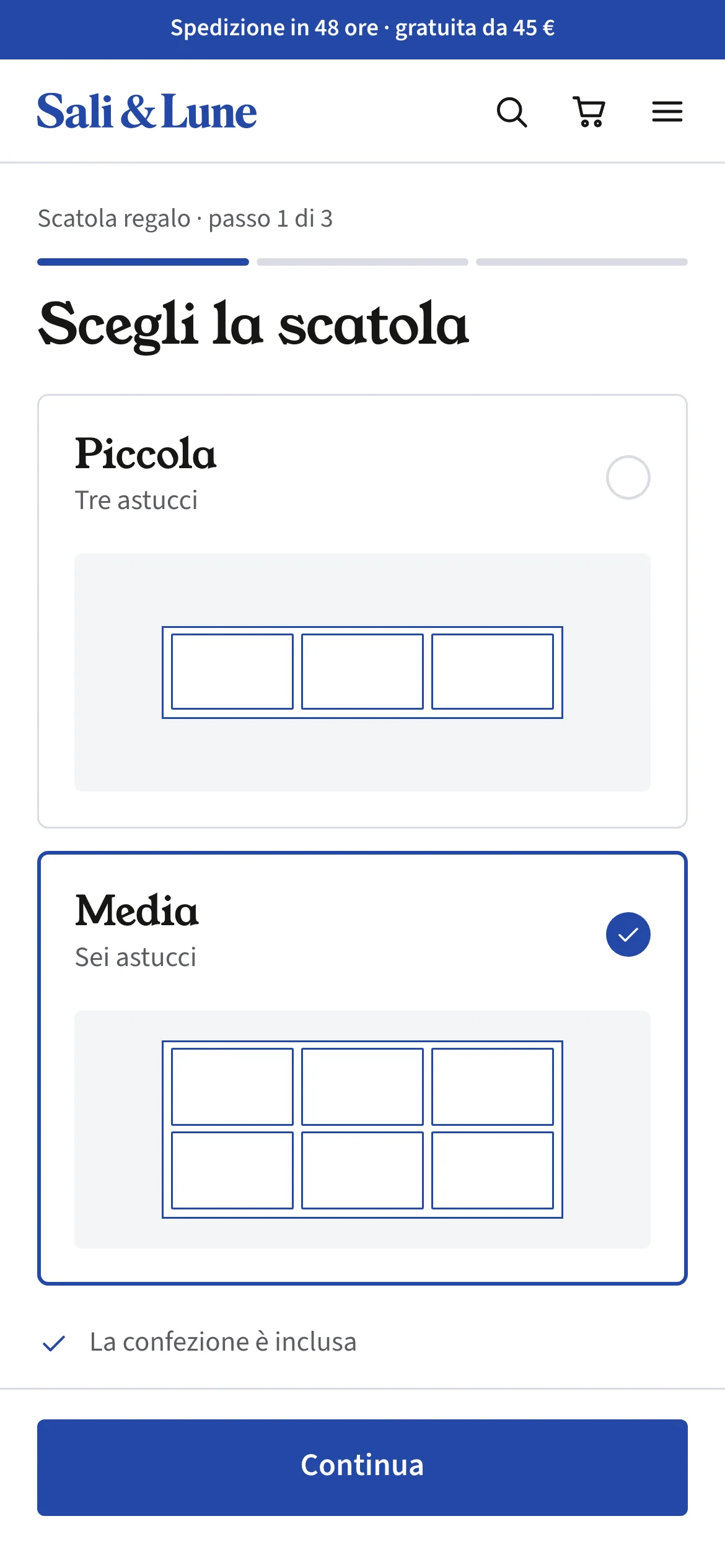 Scelta della scatola: piccola da tre astucci o media da sei