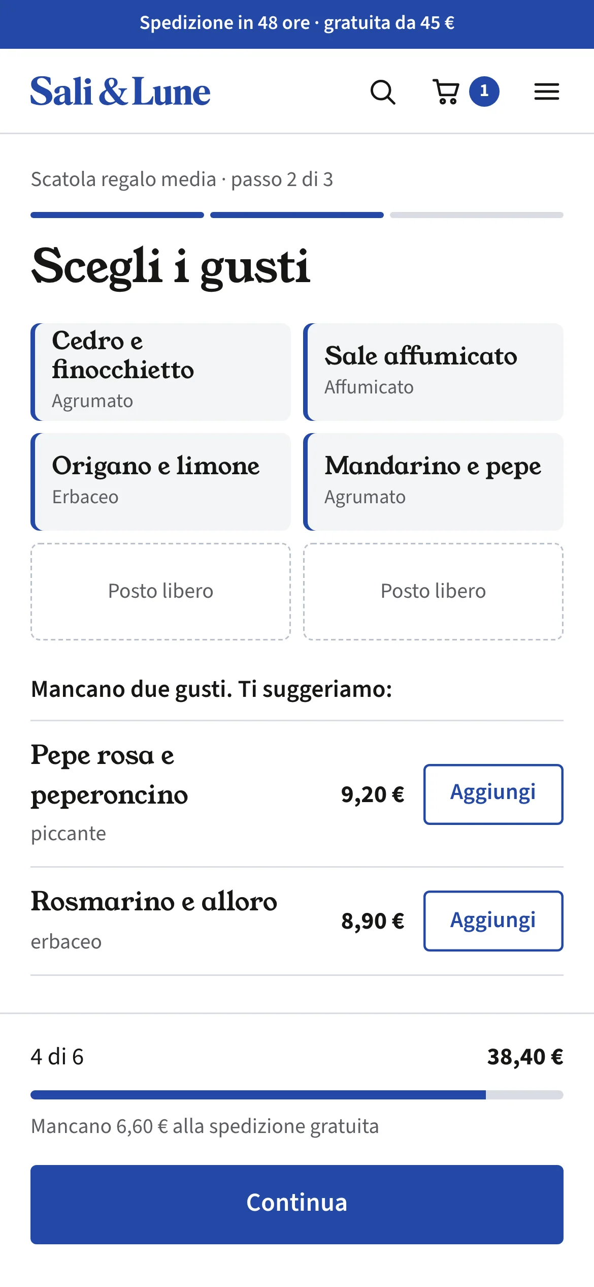 Scatola media con quattro gusti su sei, totale 38,40 euro e due suggerimenti