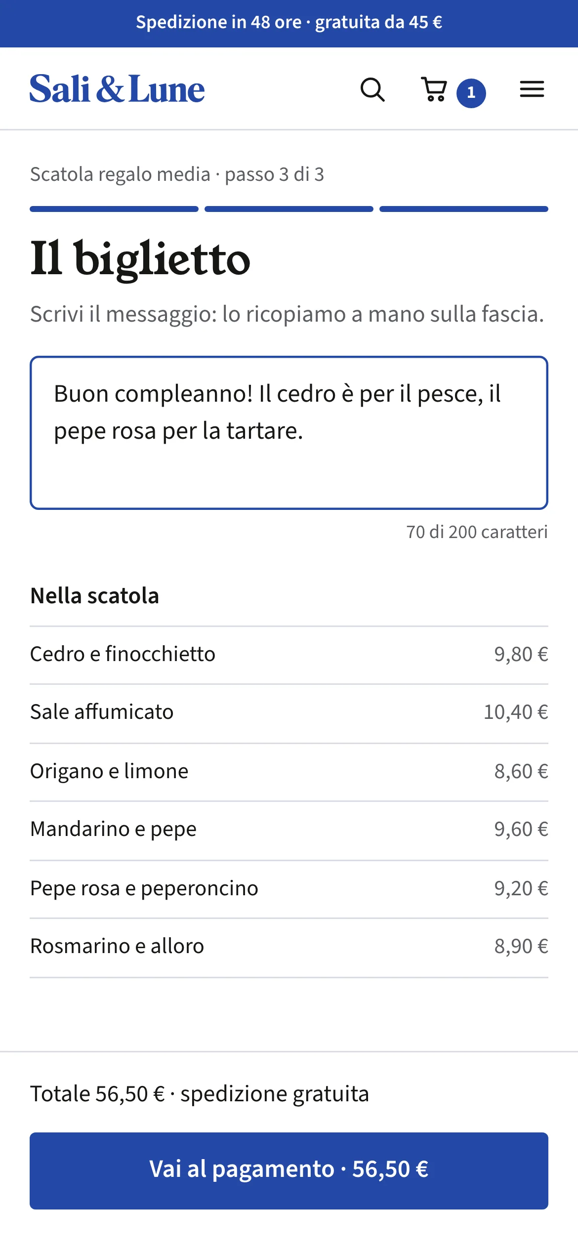 Biglietto da ricopiare a mano e riepilogo con totale 56,50 euro