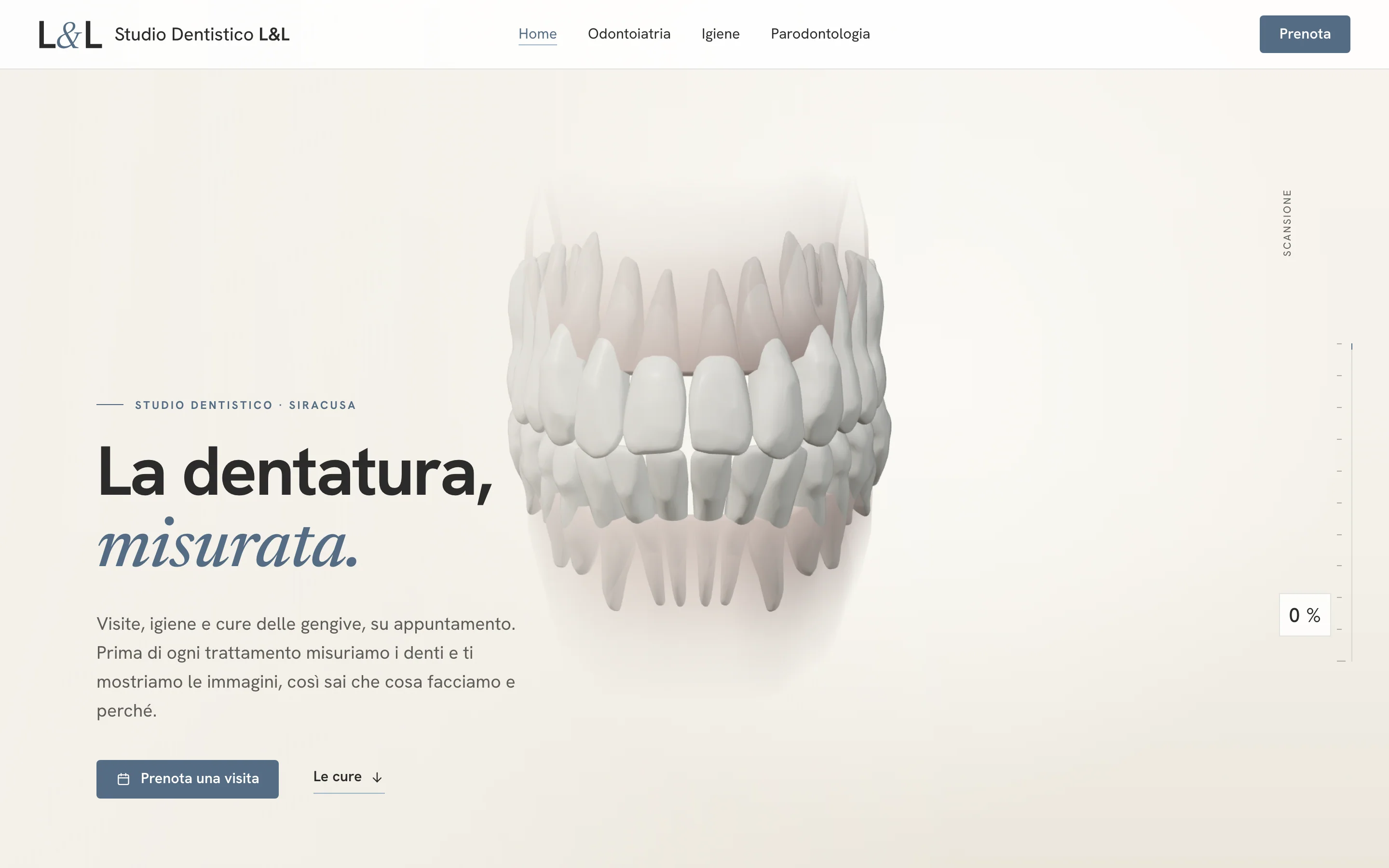 Home dello Studio Dentistico L&L: la dentatura in 3D al centro e il titolo «La dentatura, misurata.»