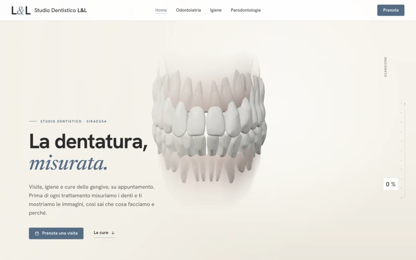 Home dello Studio Dentistico L&L: la dentatura in 3D al centro e il titolo «La dentatura, misurata.»