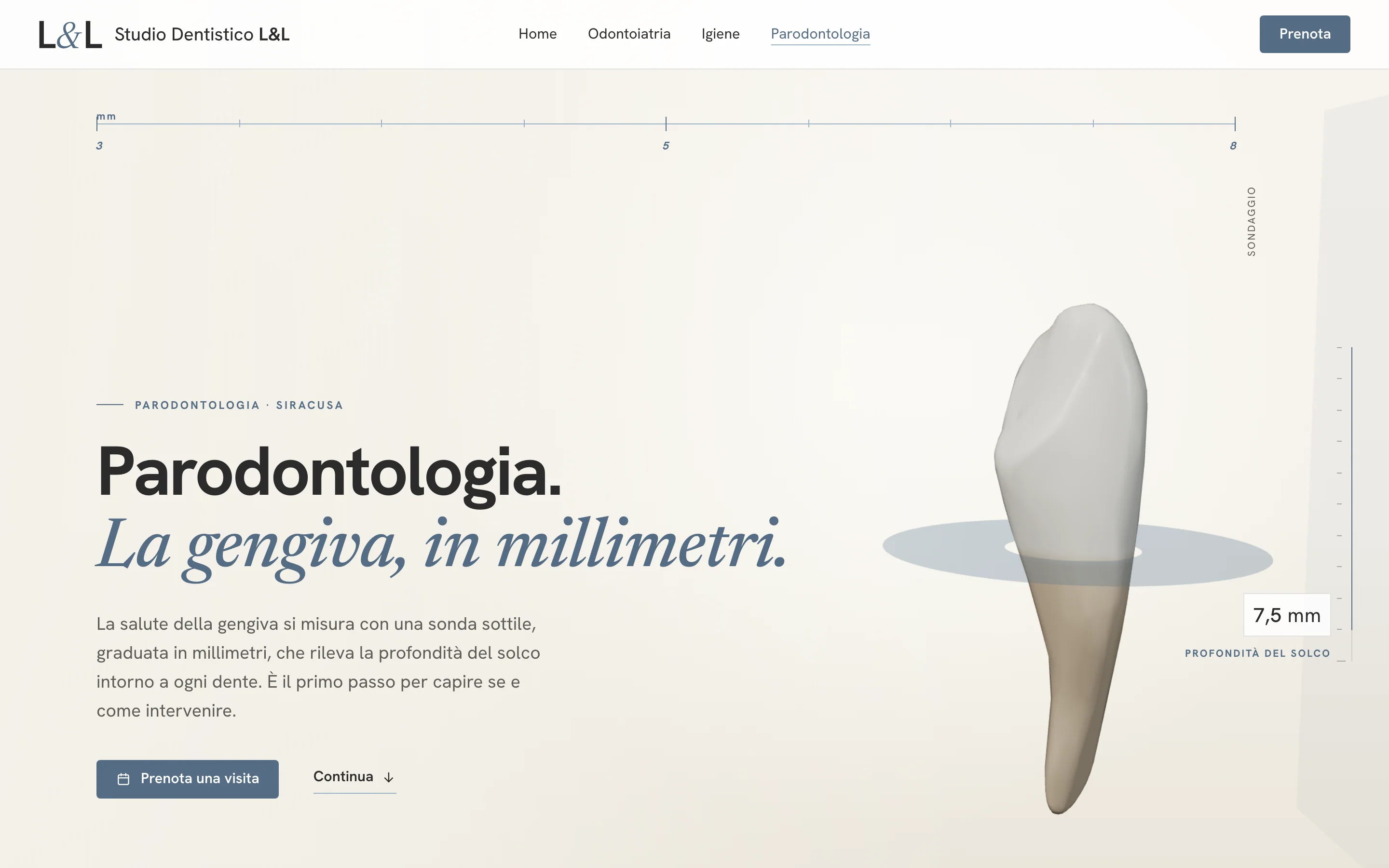 Pagina della parodontologia: la sonda lungo la radice e la profondità di 7,5 millimetri