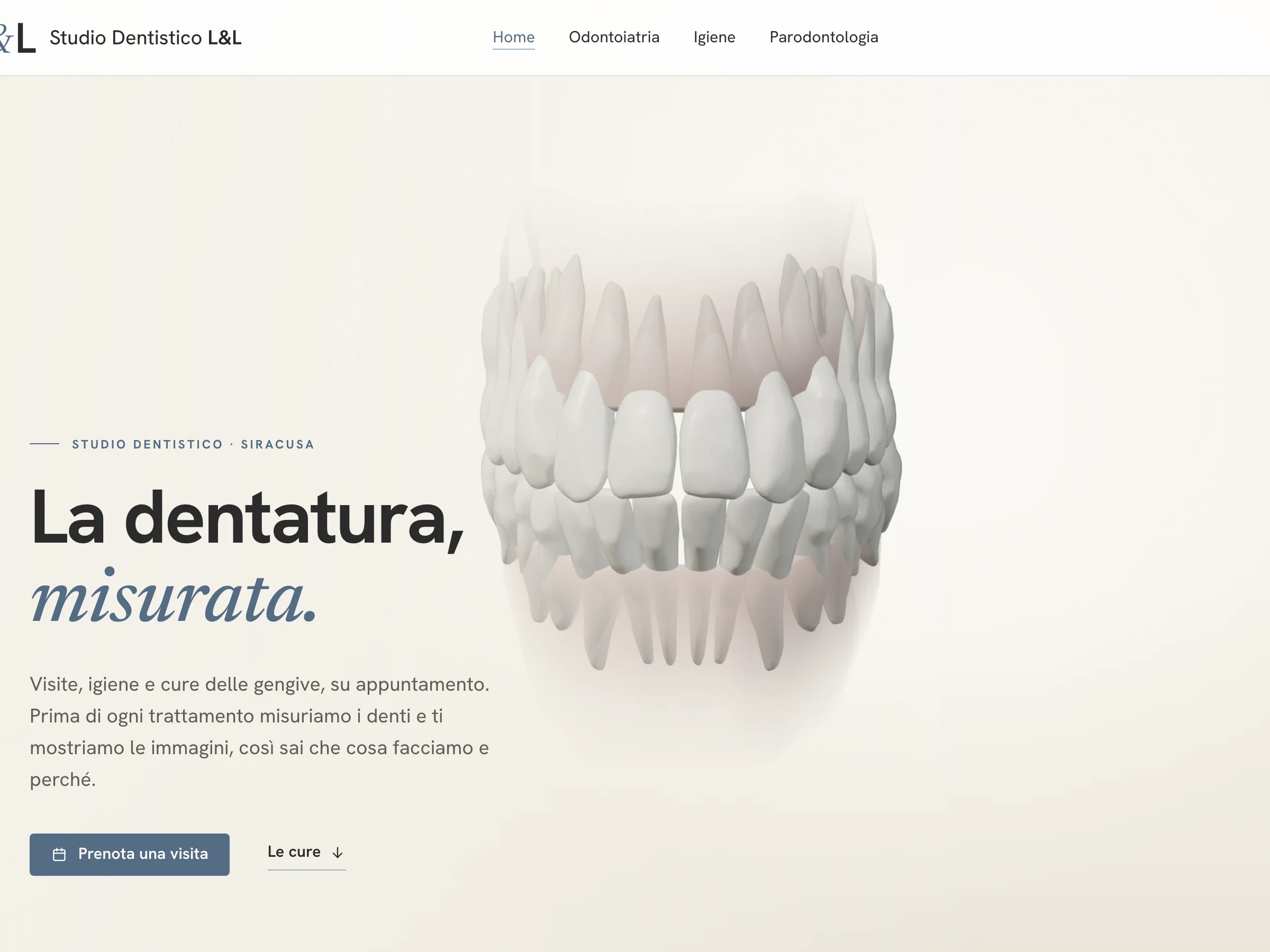 Home dello Studio Dentistico L&L: la dentatura in 3D al centro e il titolo «La dentatura, misurata.»