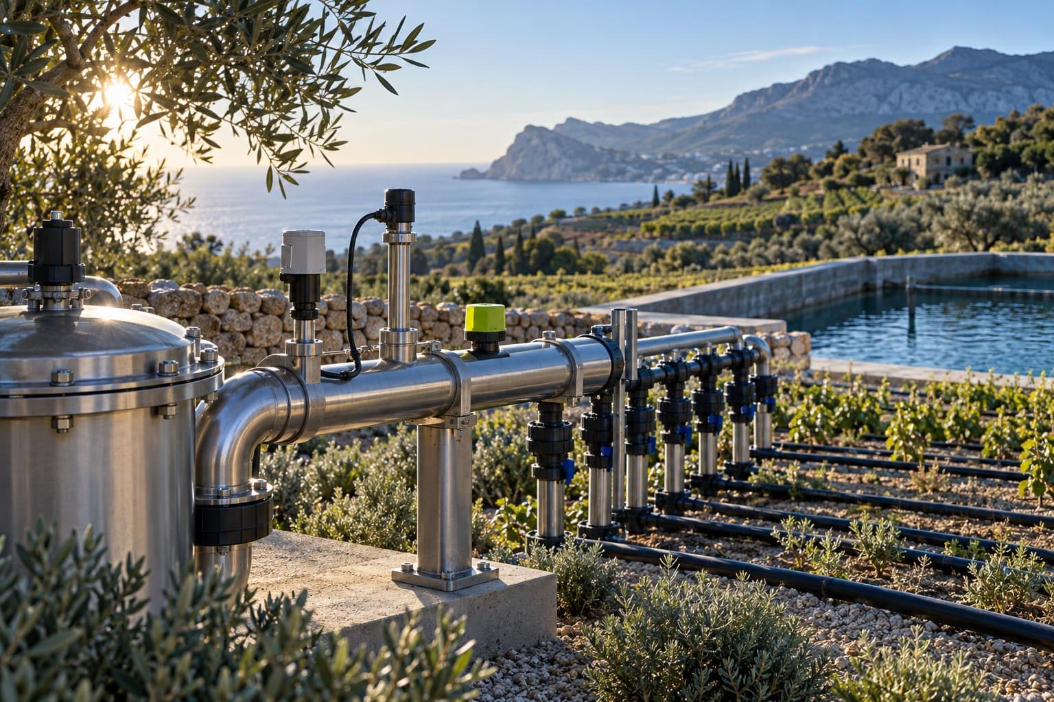 Impianto contemporaneo per il monitoraggio dell'acqua tra coltivazioni mediterranee