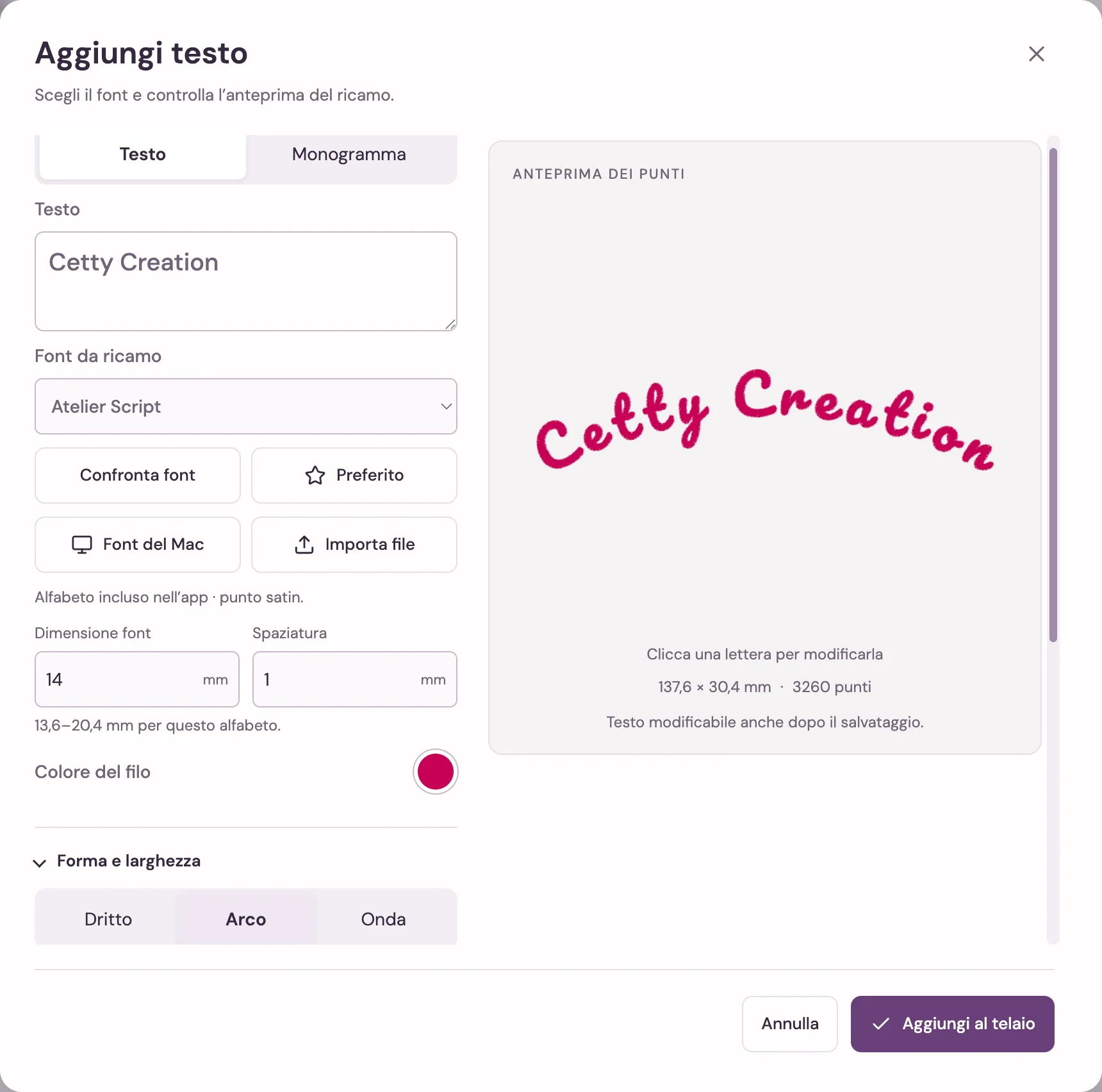 La finestra Aggiungi testo: «Cetty Creation» nell'alfabeto Script, con la forma ad arco e l'anteprima dei punti