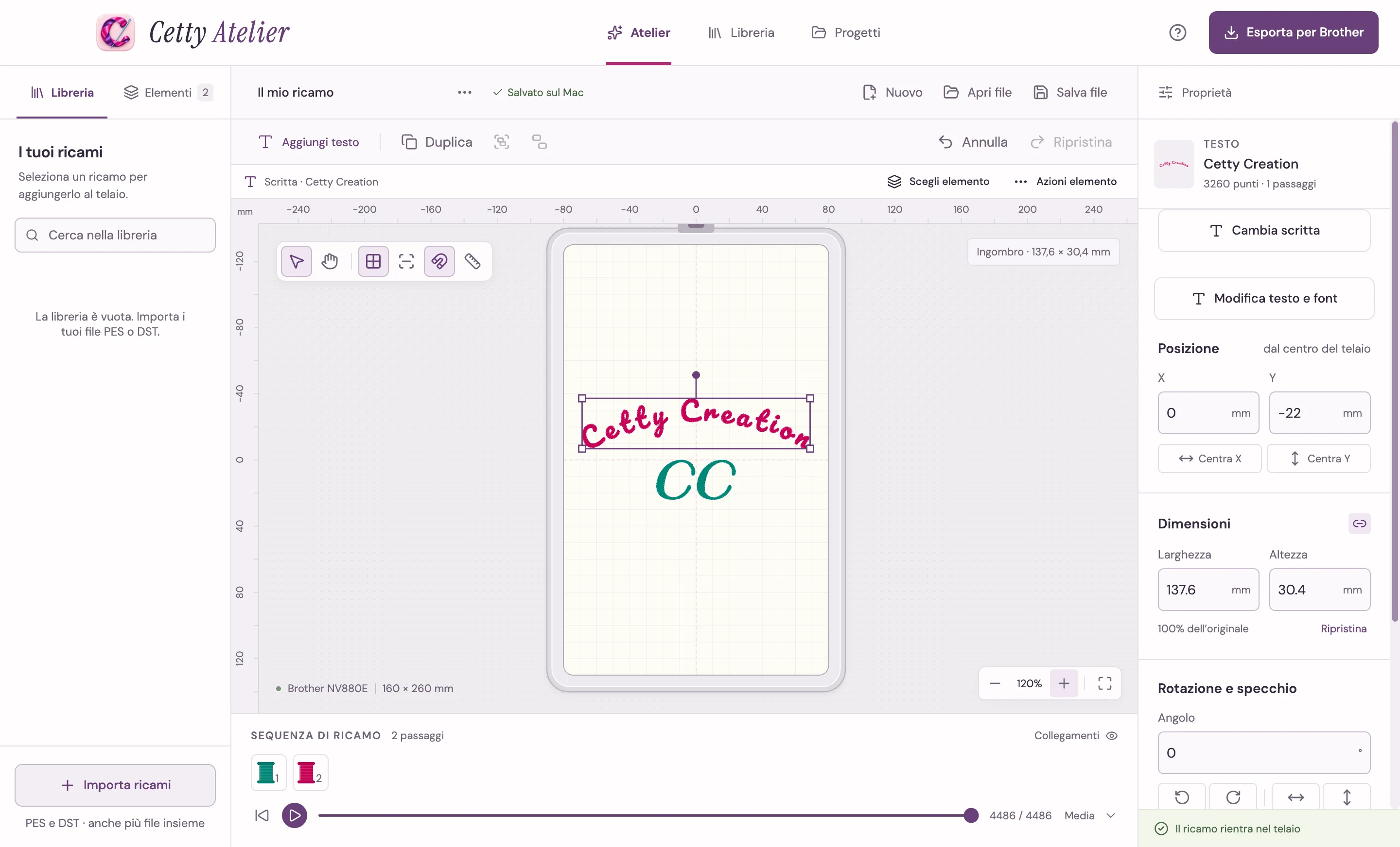 Cetty Atelier: nel telaio la scritta «Cetty Creation» ad arco sopra il monogramma CC; a destra la posizione e le misure della scritta selezionata