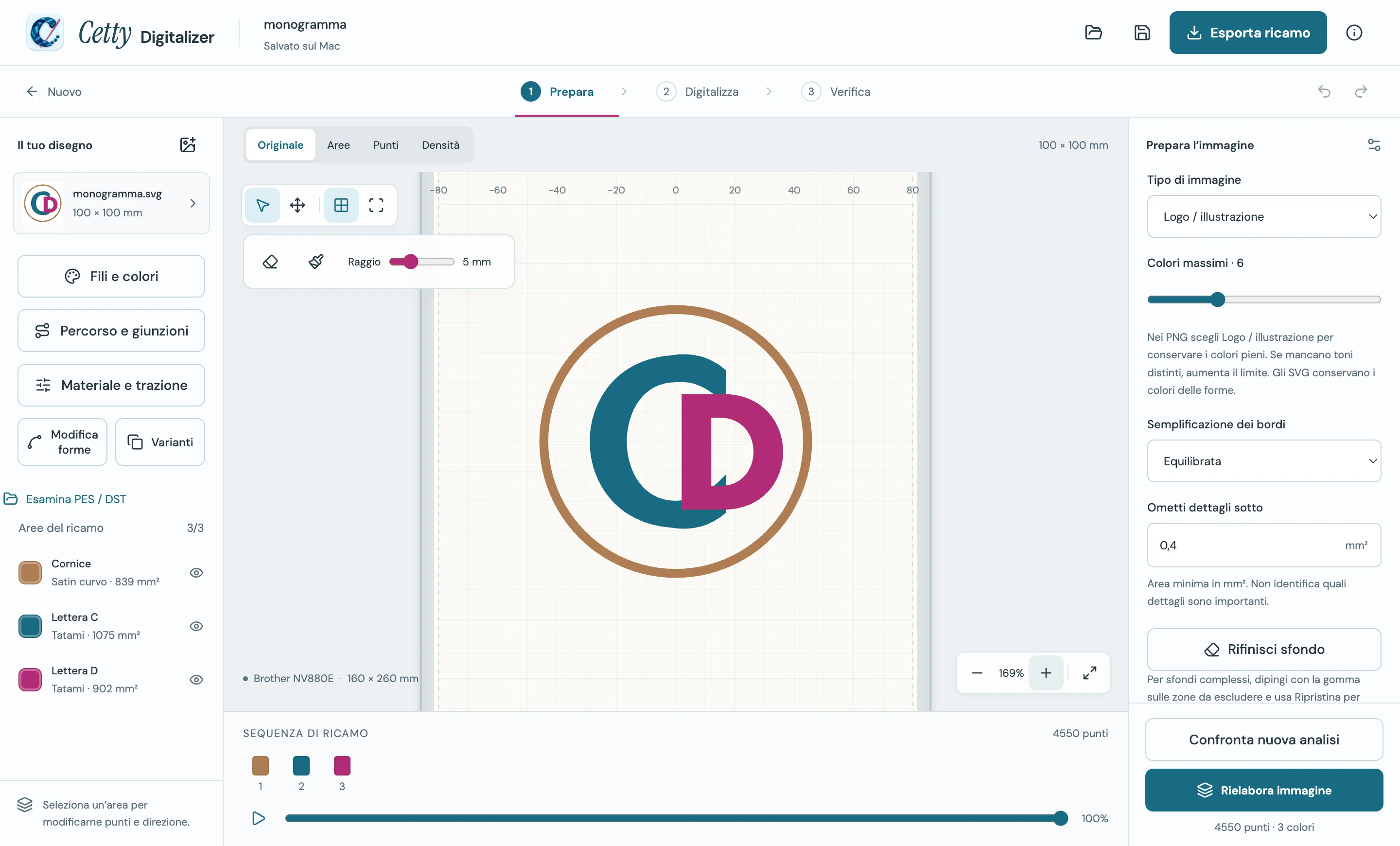 Cetty Digitalizer al passo Prepara: il monogramma CD originale nel telaio e, a destra, tipo di immagine, numero massimo di colori e semplificazione dei bordi