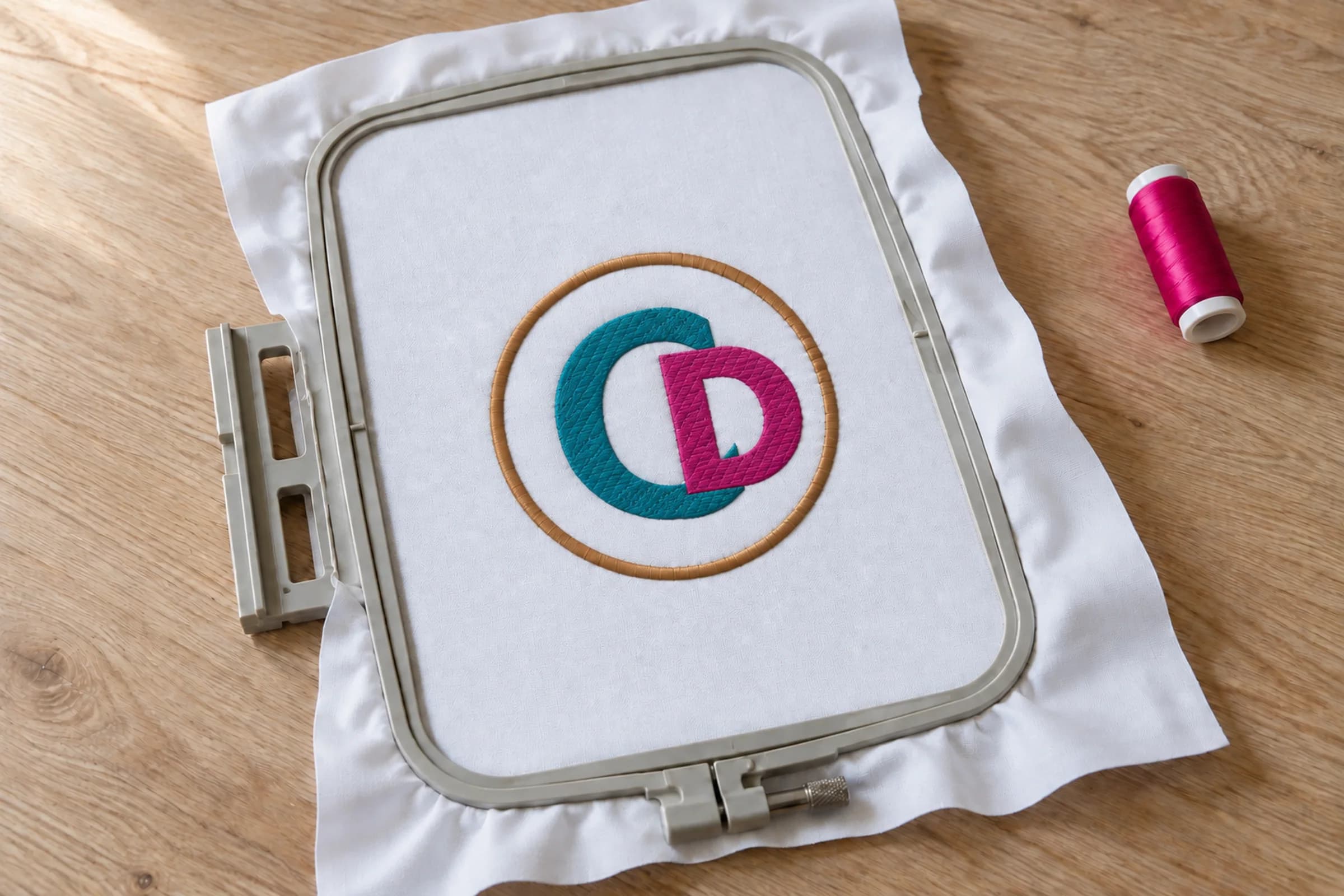 Il monogramma CD ricamato su cotone bianco, nel telaio della macchina da ricamo, con accanto un rocchetto di filo fucsia