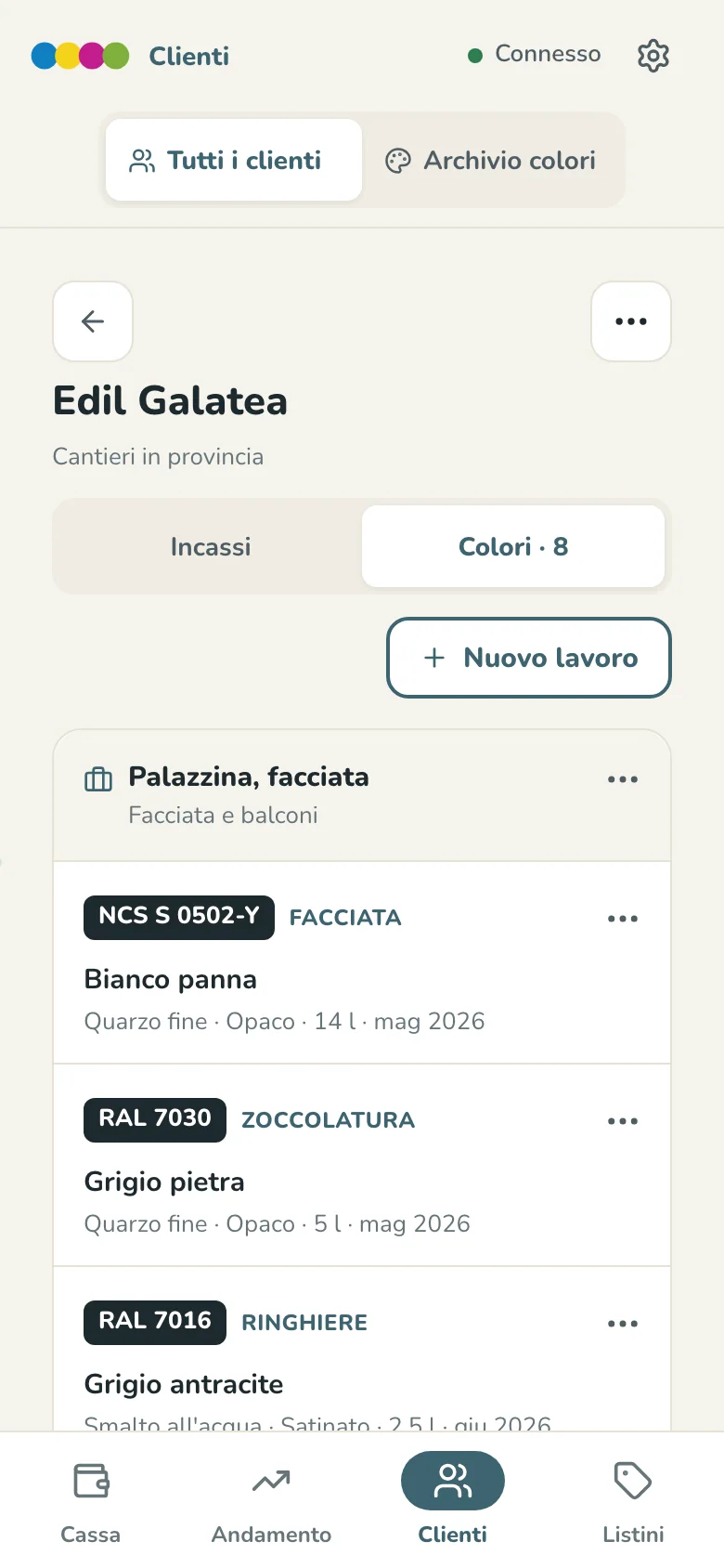La scheda di un cliente sulla sezione Colori: il pulsante «Nuovo lavoro» e il primo lavoro, «Palazzina, facciata», con i codici NCS S 0502-Y e RAL 7030