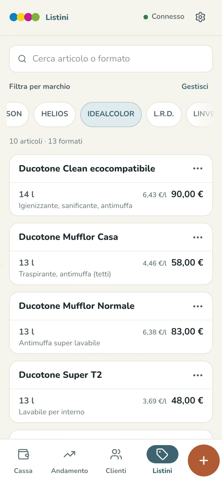 Il listino IDEALCOLOR sul telefono: idropitture in latte da 13 e 14 litri, ognuna con il prezzo della confezione e il prezzo al litro