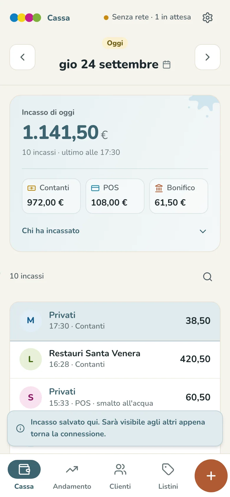 La cassa senza rete: in alto «Senza rete · 1 in attesa», l'incasso appena registrato in cima all'elenco e l'avviso che sarà visibile agli altri appena torna la connessione