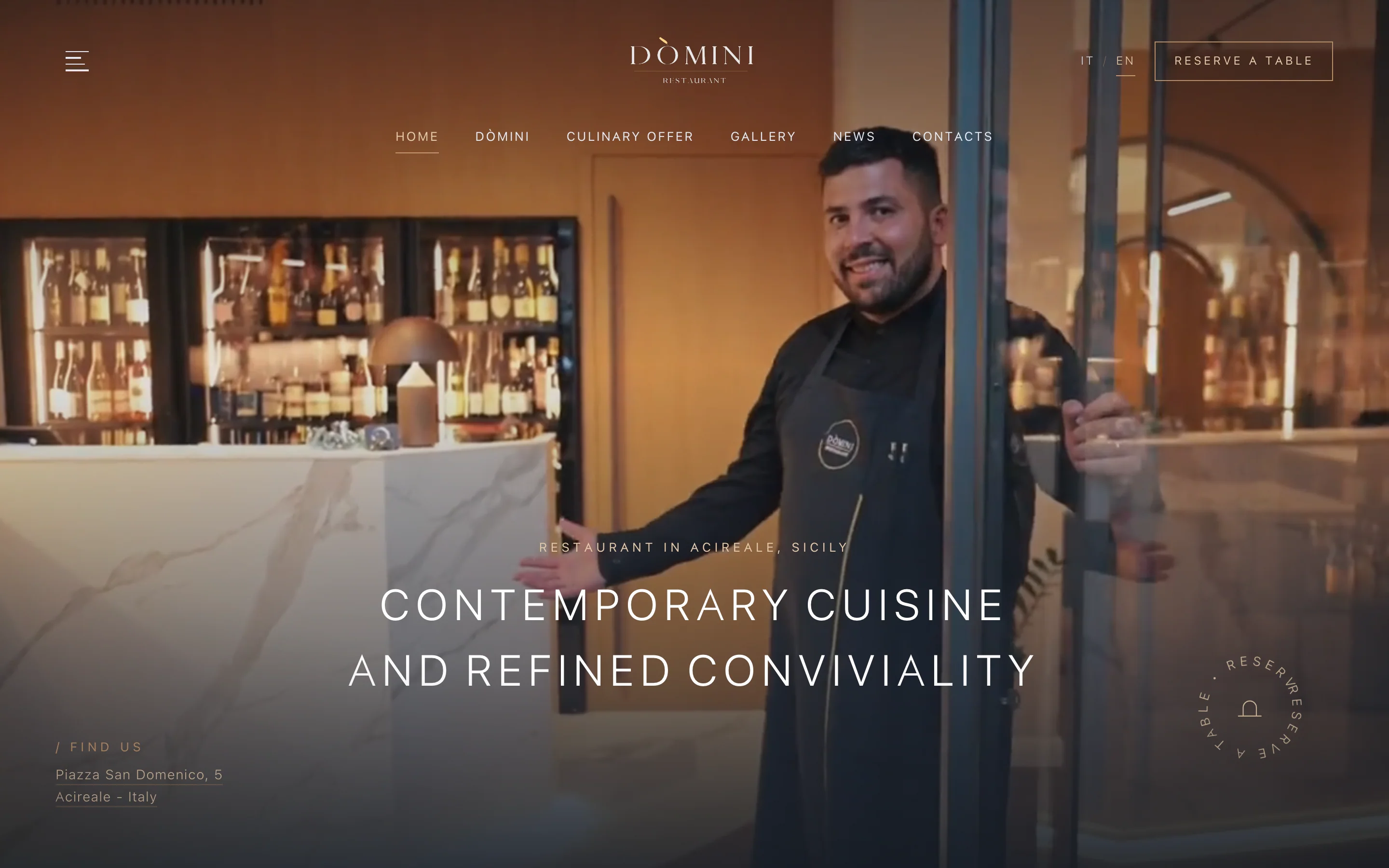 Home inglese del sito Dòmini: «Contemporary cuisine and refined conviviality»