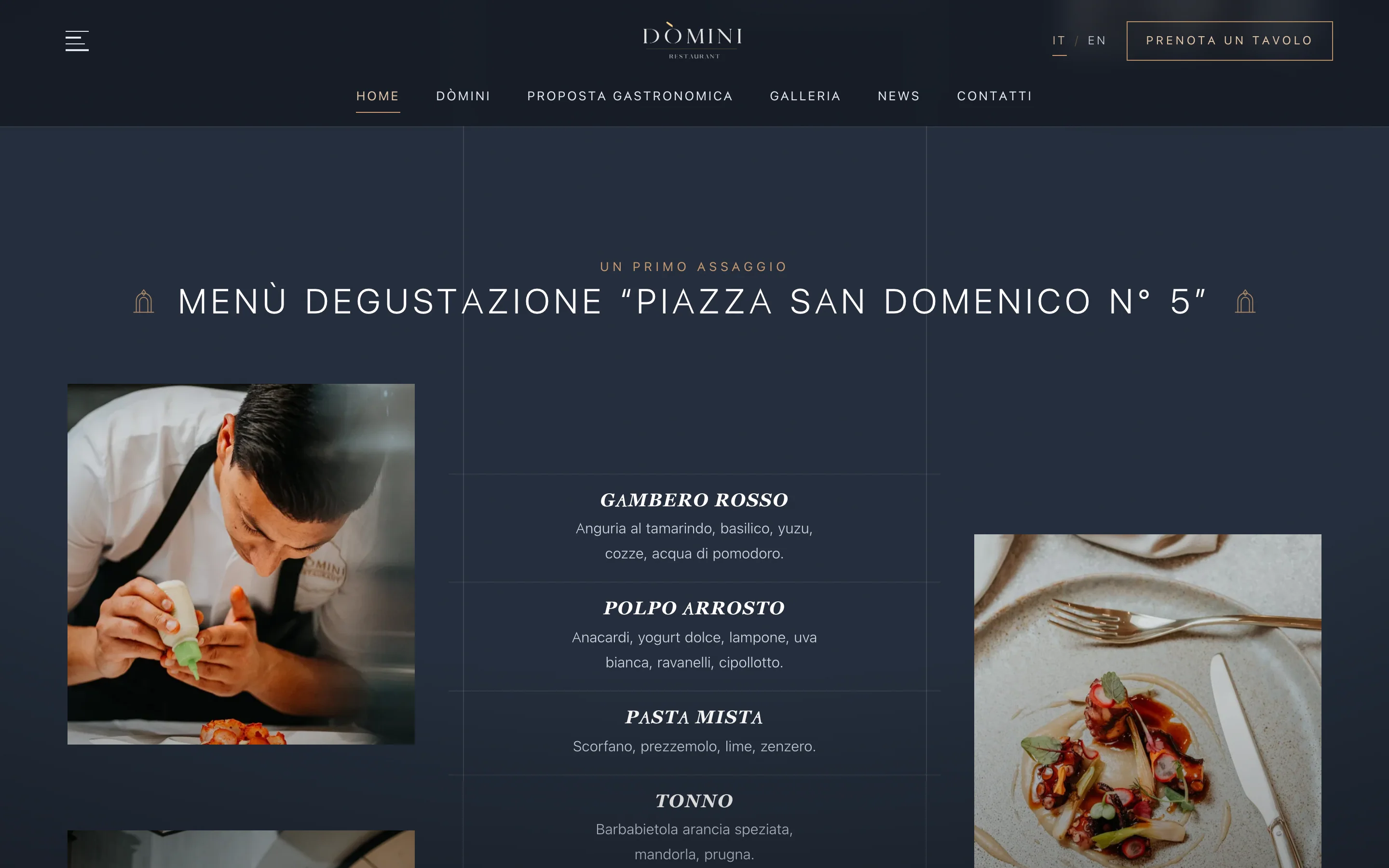 Sezione della home con il menù degustazione «Piazza San Domenico n° 5»: gambero rosso, polpo arrosto, pasta mista, tonno, limone, fra la foto dello chef e quella di un piatto