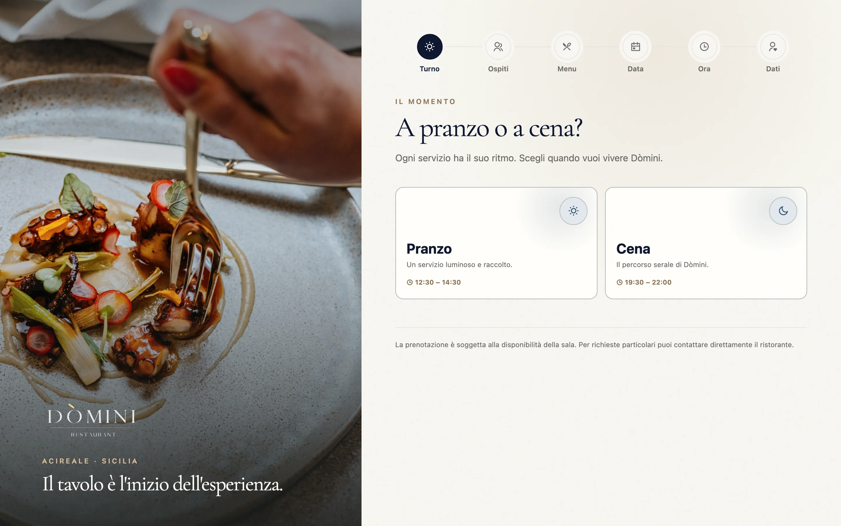 Primo passo della prenotazione su desktop: a sinistra la foto di un piatto, a destra la domanda «A pranzo o a cena?» con i due servizi