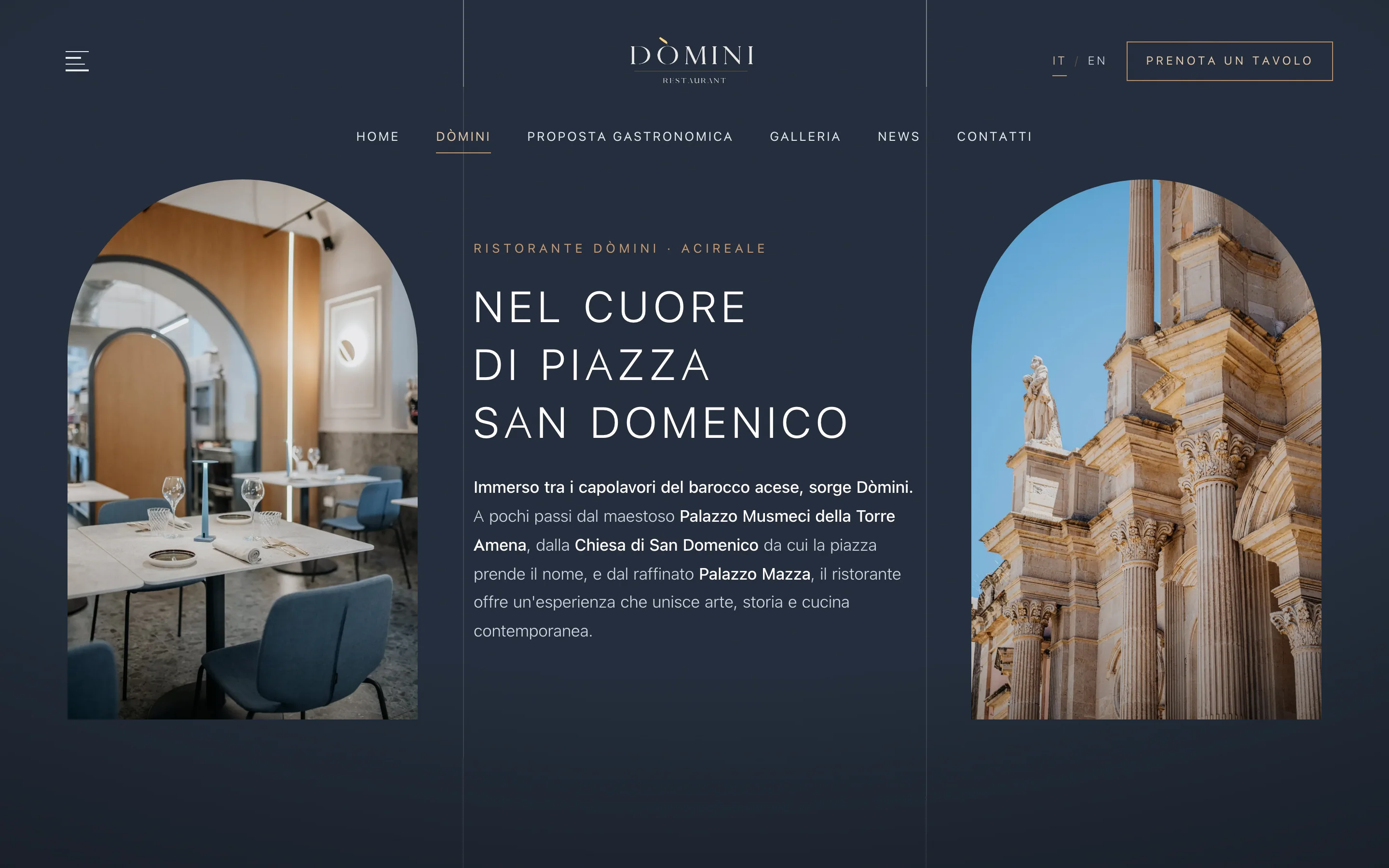 Pagina della storia di Dòmini: la sala vista da un arco, la facciata della chiesa di San Domenico e il titolo «Nel cuore di Piazza San Domenico»