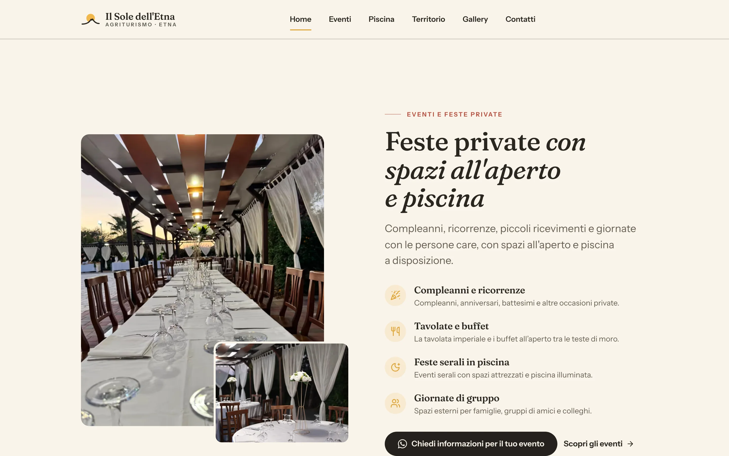 Sezione della home sulle feste private: la tavolata sotto il pergolato e l'elenco di compleanni, tavolate e buffet, feste serali, giornate di gruppo