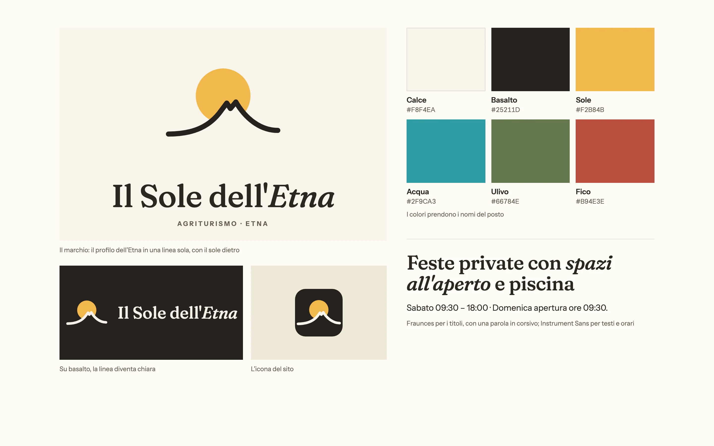 Il marchio del Sole dell'Etna: il profilo dell'Etna con il sole dietro, il nome in Fraunces e sei colori: calce, basalto, sole, acqua, ulivo, fico