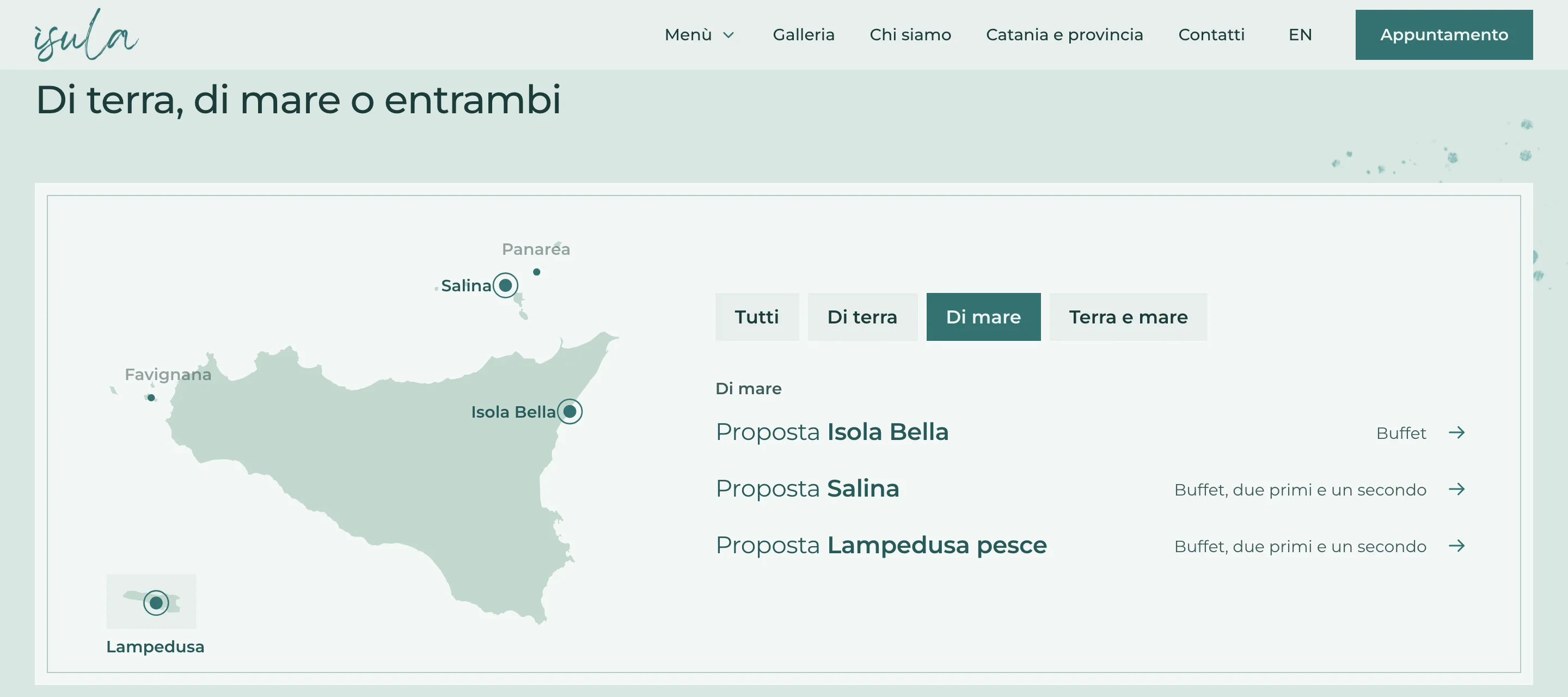 La sezione «Di terra, di mare o entrambi» con il filtro «Di mare»: sulla carta della Sicilia sono accese Isola Bella, Salina e Lampedusa, accanto ai tre menù di mare