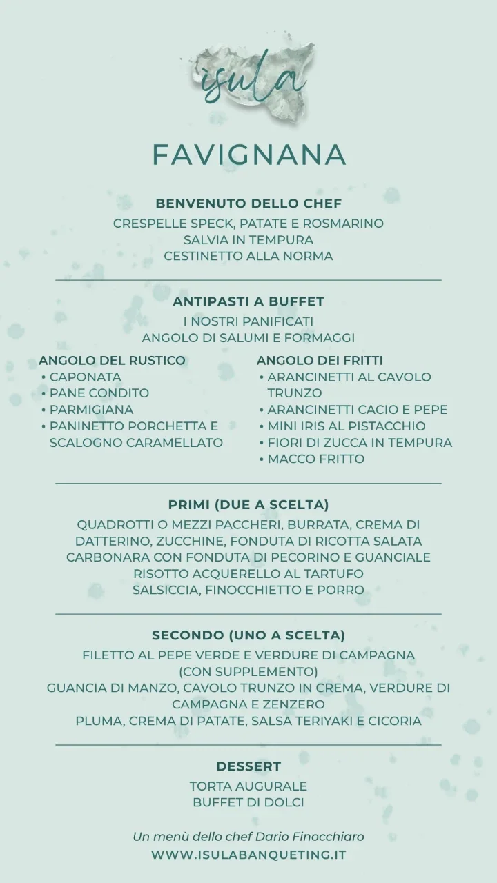 Il cartoncino del menù Favignana: benvenuto, antipasti a buffet in due angoli, primi a scelta, secondo a scelta e dessert