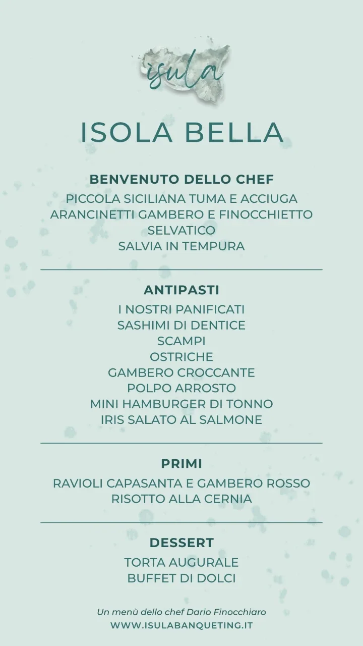 Il cartoncino del menù Isola Bella: benvenuto dello chef, antipasti, primi e dessert