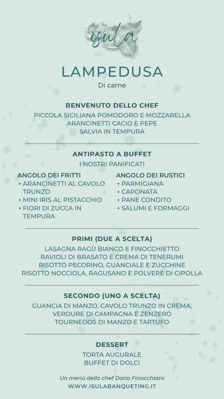 Il cartoncino del menù Lampedusa di carne: benvenuto, antipasto a buffet, primi e secondo a scelta, dessert