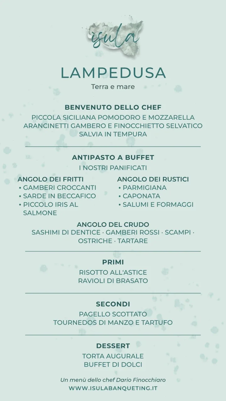 Il cartoncino del menù Lampedusa terra e mare: benvenuto, antipasto a buffet con tre angoli, primi, secondi e dessert
