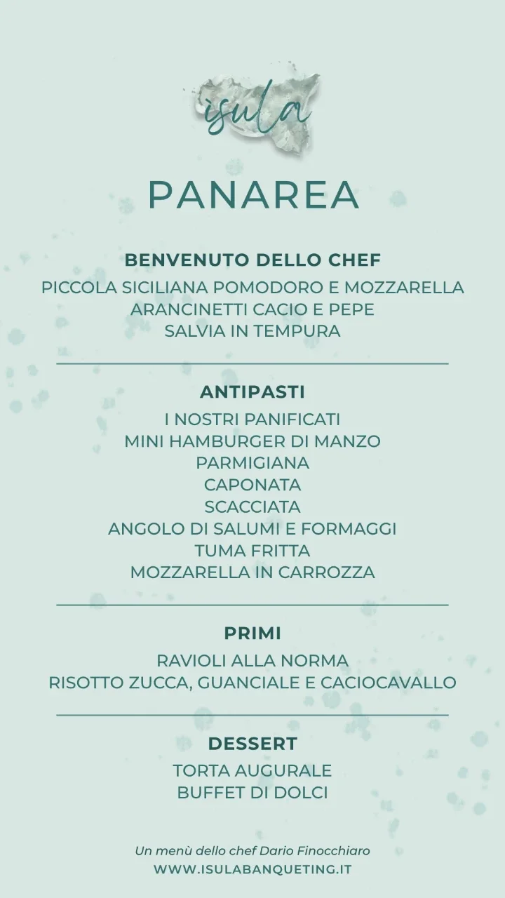 Il cartoncino del menù Panarea: benvenuto dello chef, antipasti, primi e dessert